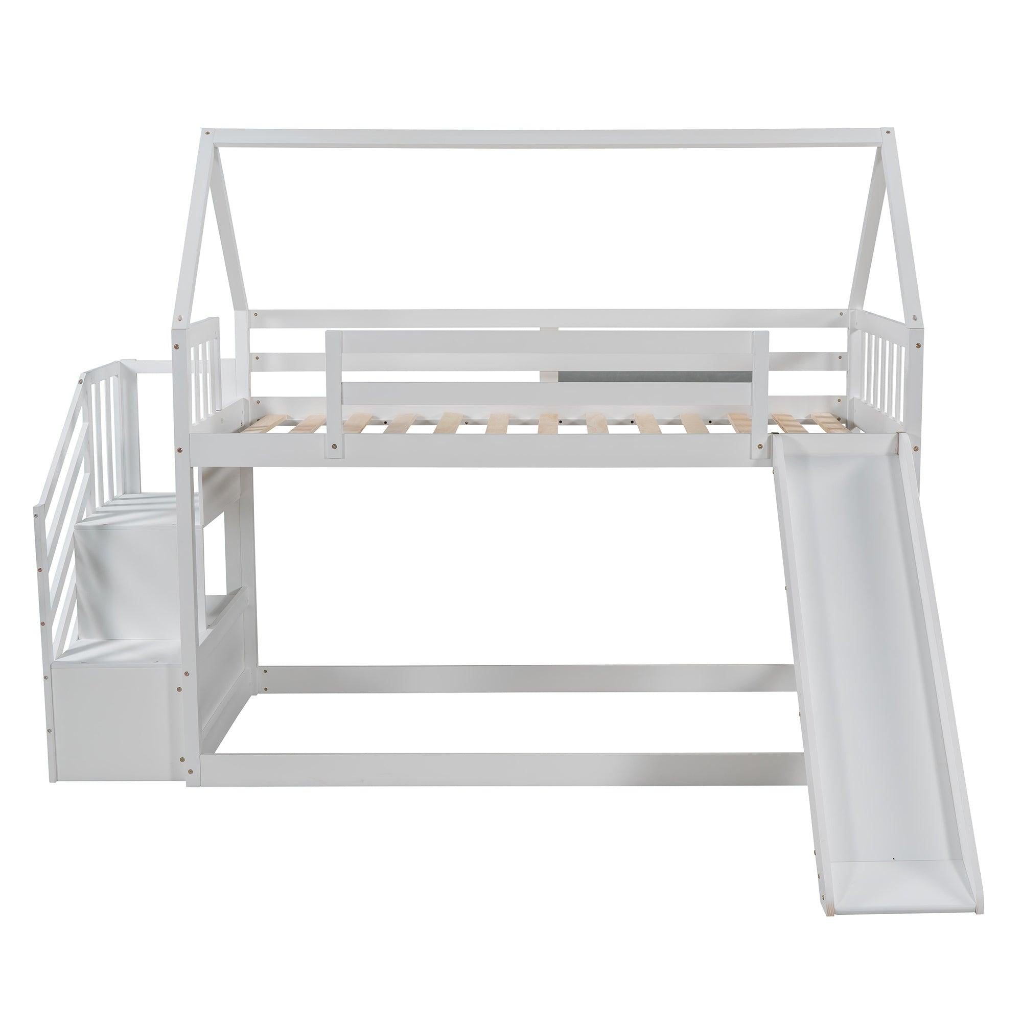 Twin over Twin House Bunk Bed with Slide andStorage Staircase - White