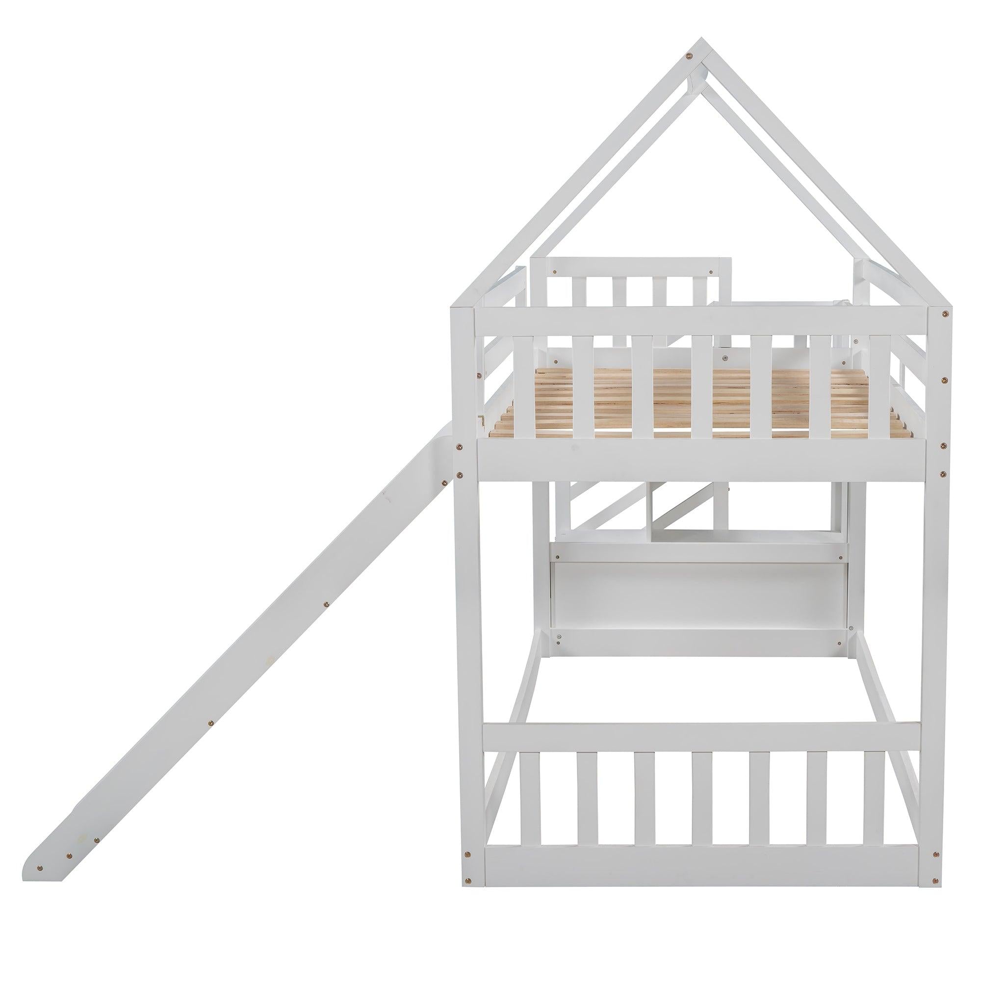 Twin over Twin House Bunk Bed with Slide andStorage Staircase - White