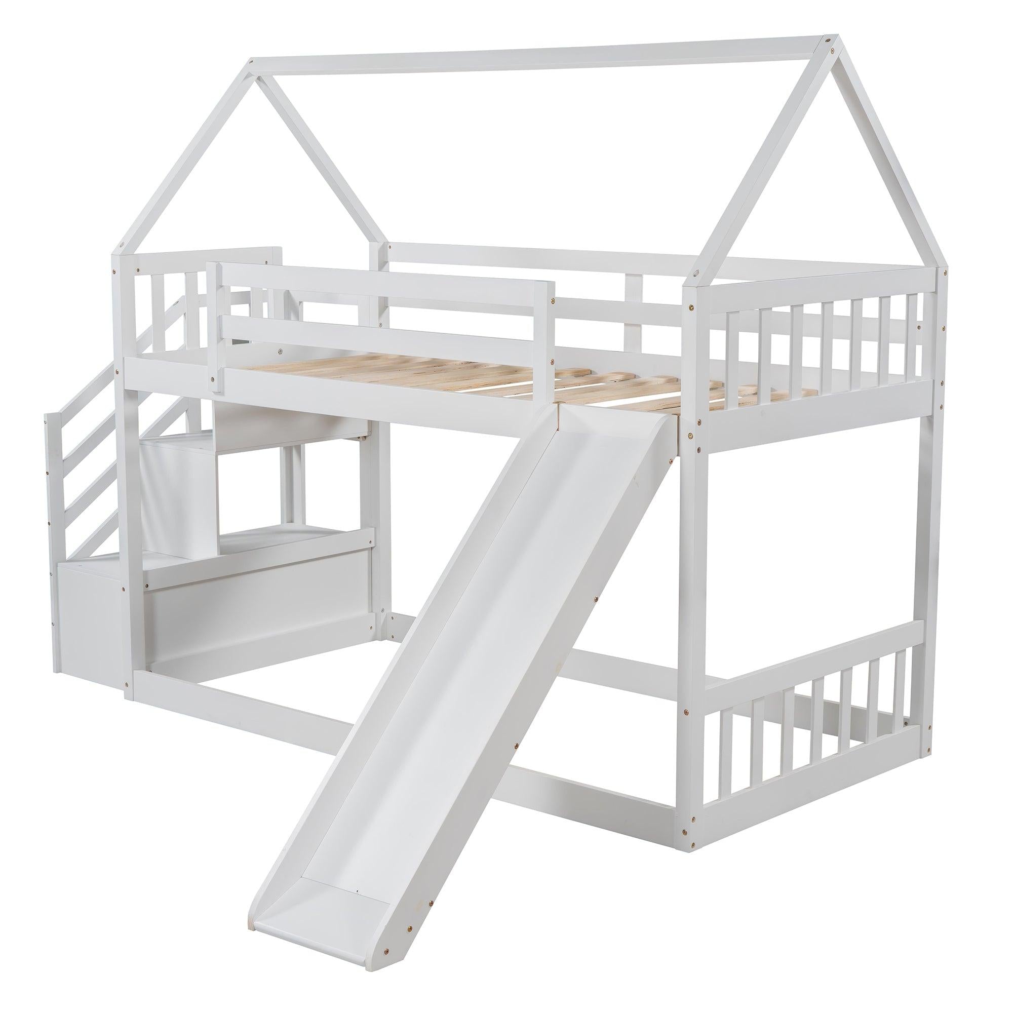 Twin over Twin House Bunk Bed with Slide andStorage Staircase - White