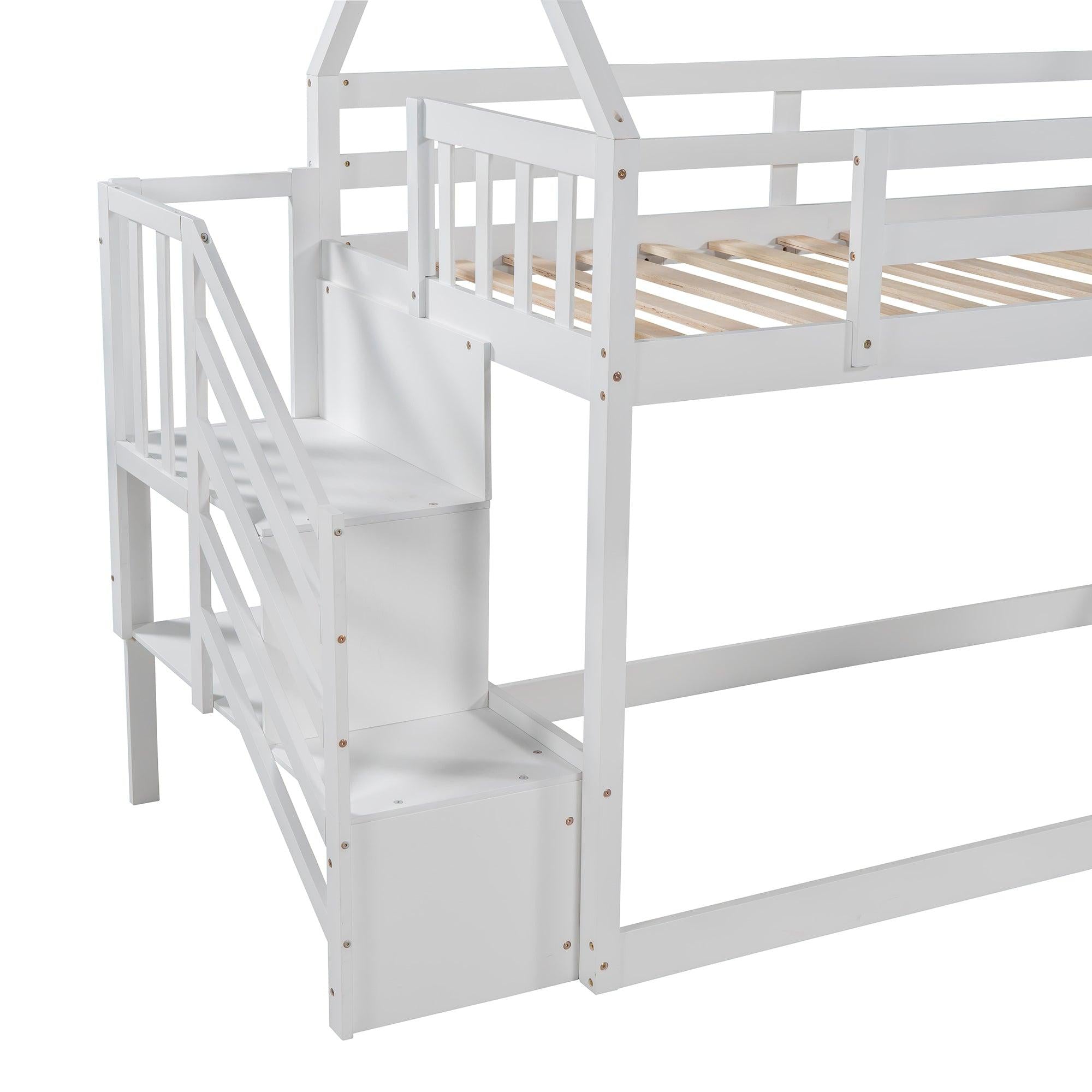 Twin over Twin House Bunk Bed with Slide andStorage Staircase - White