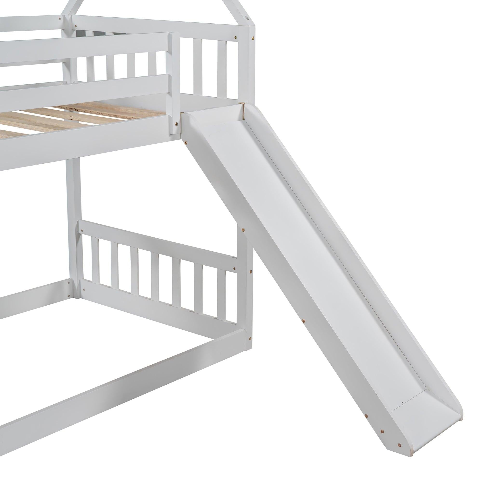 Twin over Twin House Bunk Bed with Slide andStorage Staircase - White