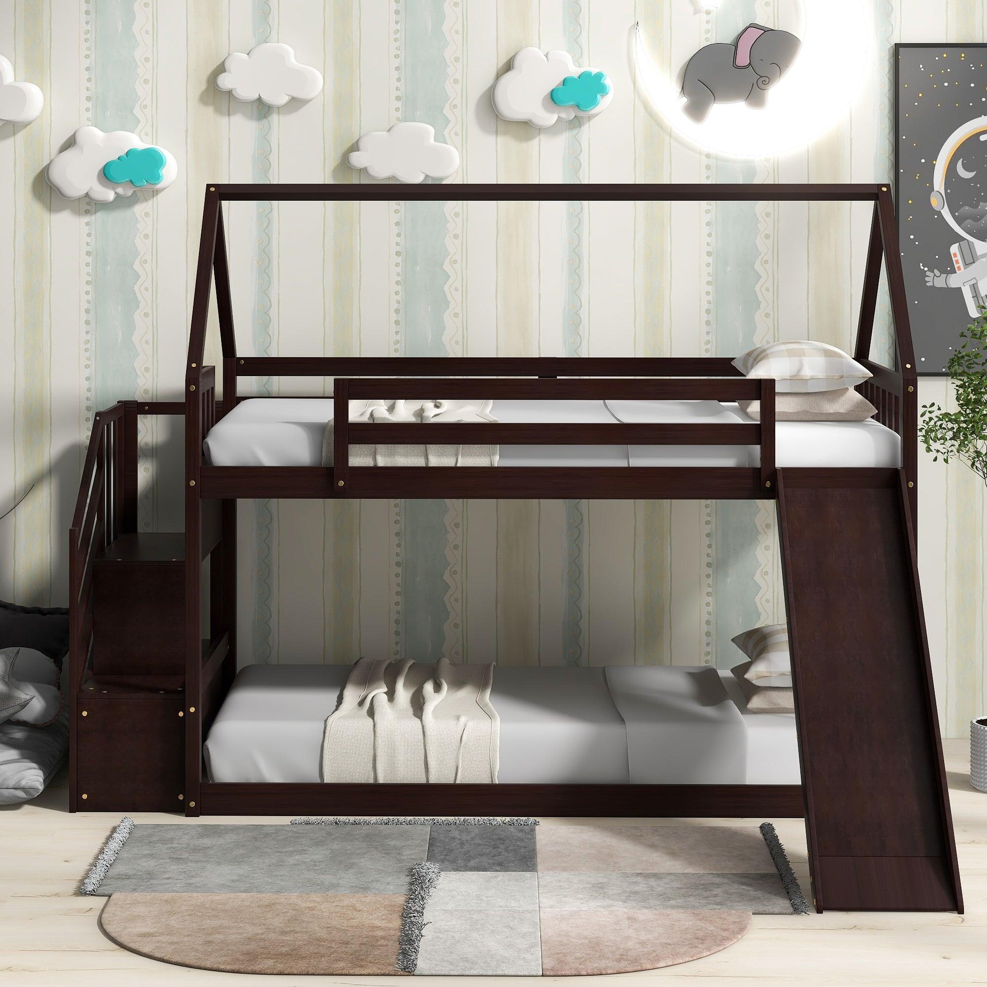 Twin over Twin House Bunk Bed with Slide andStorage Staircase - Espresso