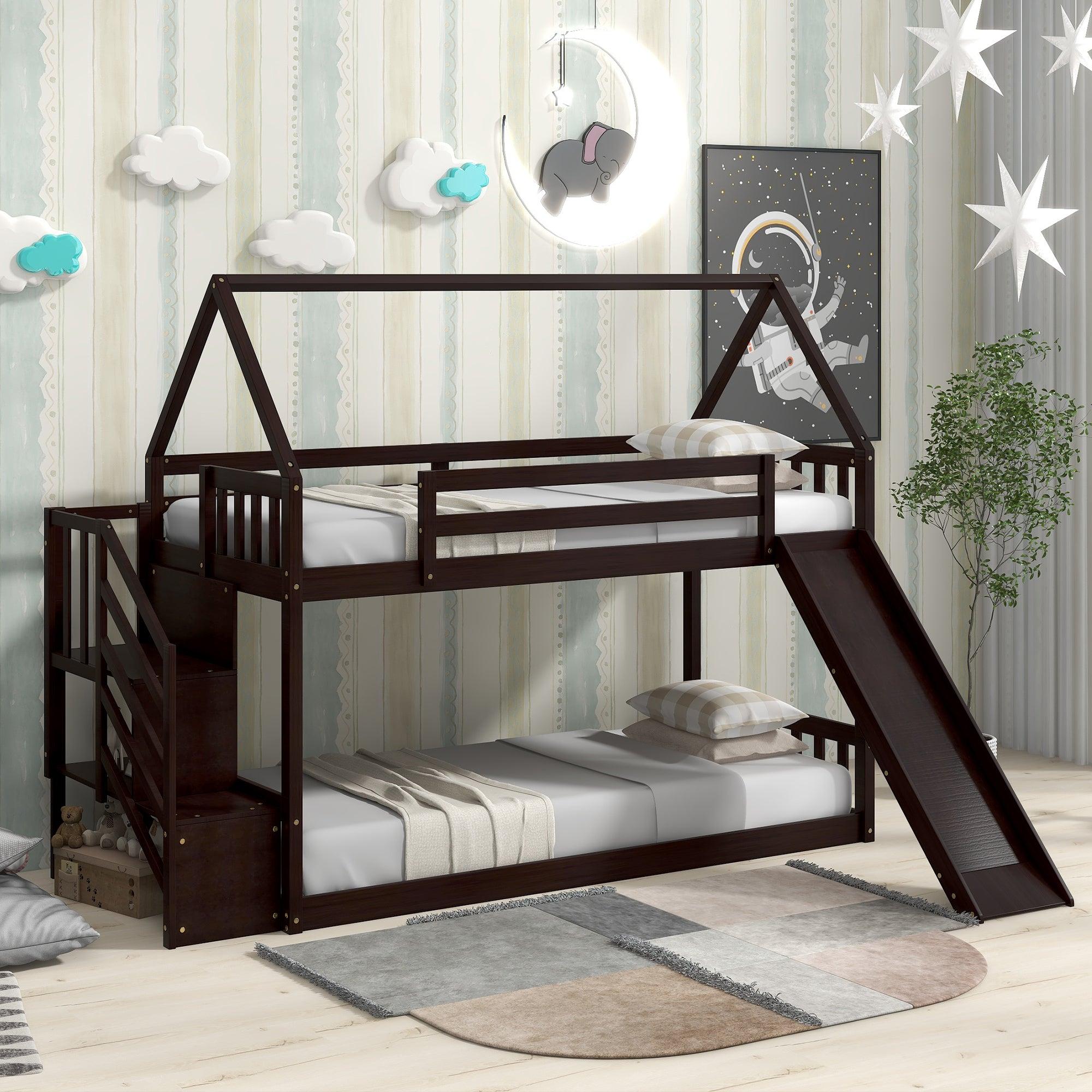 Twin over Twin House Bunk Bed with Slide andStorage Staircase - Espresso