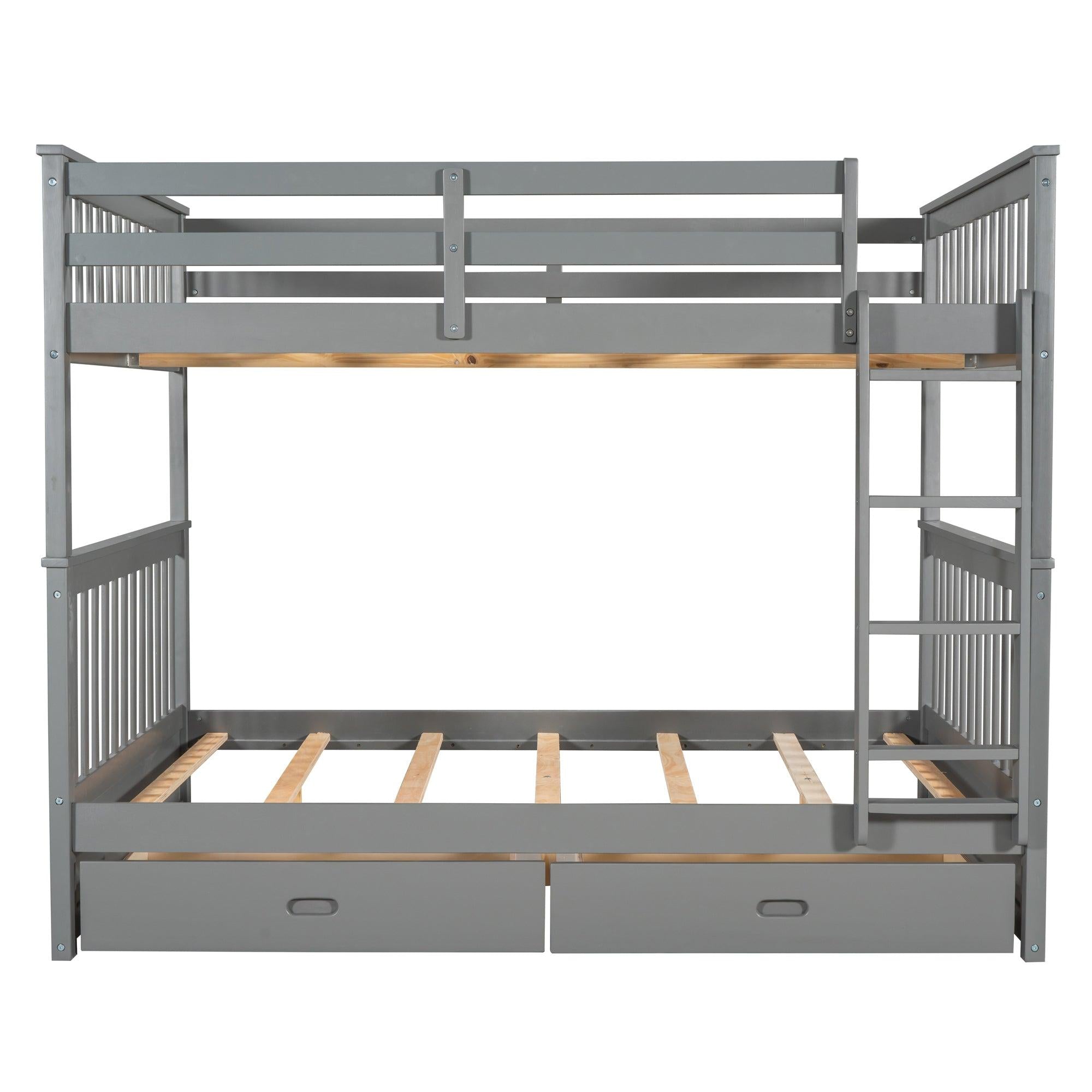 Full over Full Bunk Bed with Ladders and TwoStorage Drawers - Gray