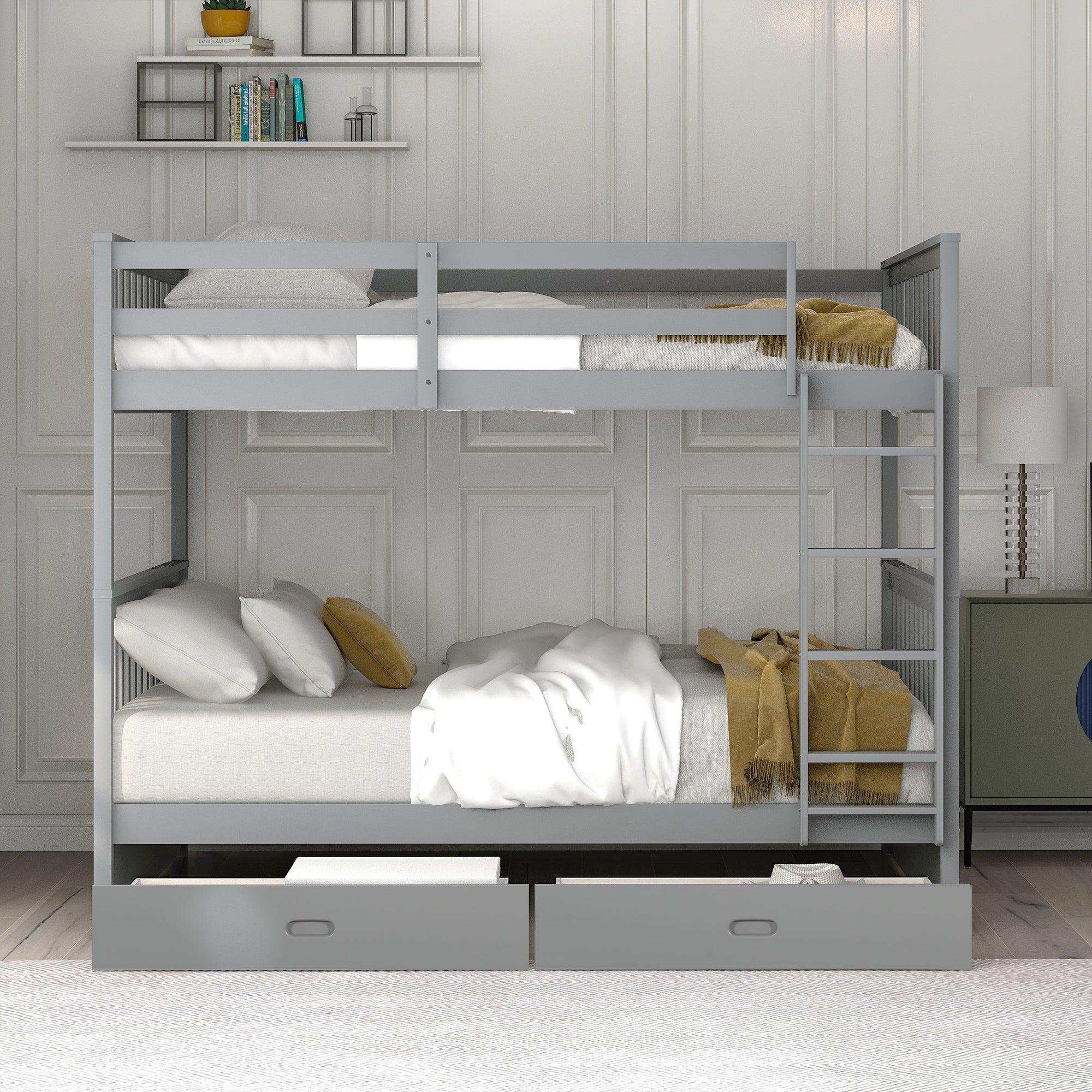 Full over Full Bunk Bed with Ladders and TwoStorage Drawers - Gray