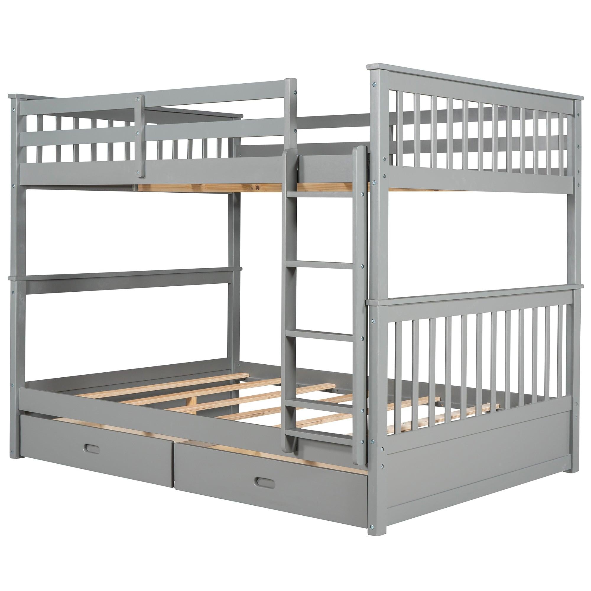 Full over Full Bunk Bed with Ladders and TwoStorage Drawers - Gray