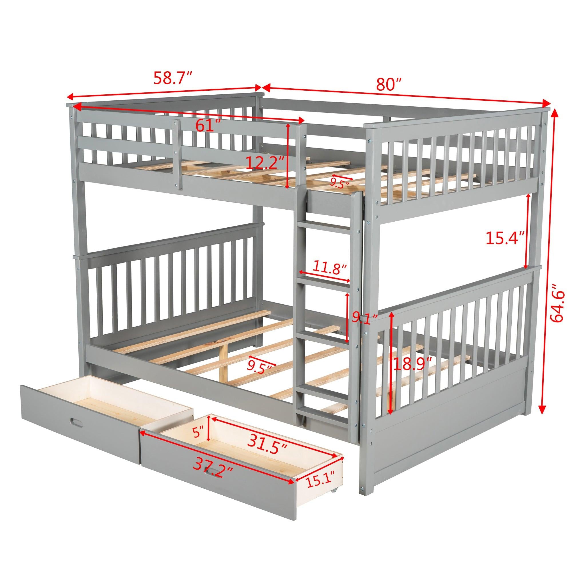 Full over Full Bunk Bed with Ladders and TwoStorage Drawers - Gray