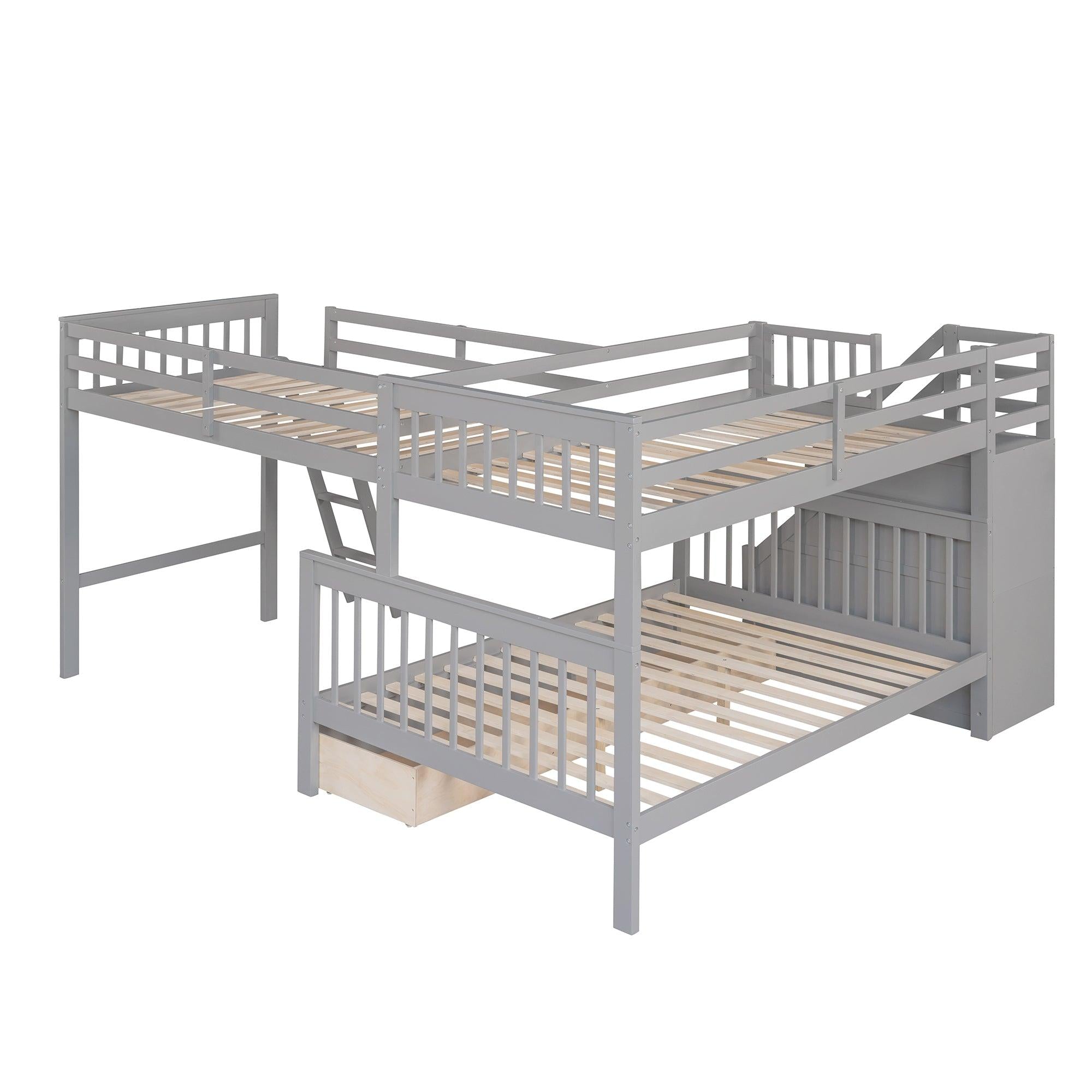 Twin over Full L-Shaped Bunk Bed With 3 Drawers, Ladder and Staircase - Gray