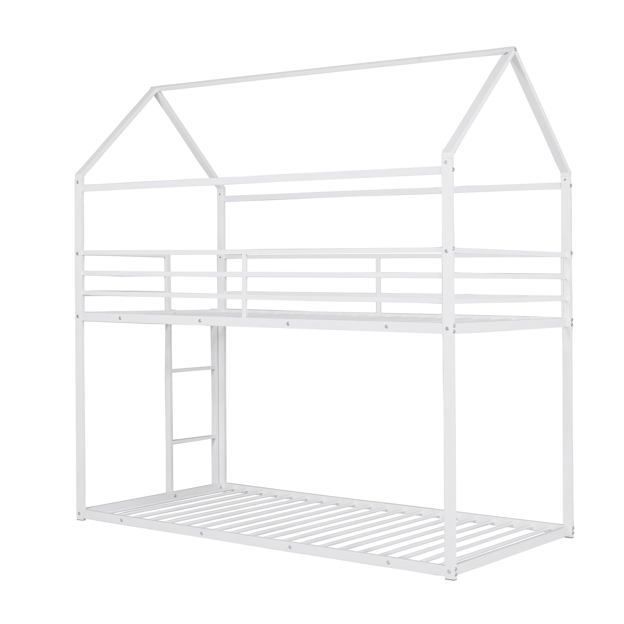 Twin over Twin Metal House Shaped Bunk Beds with Built-in Ladder - White