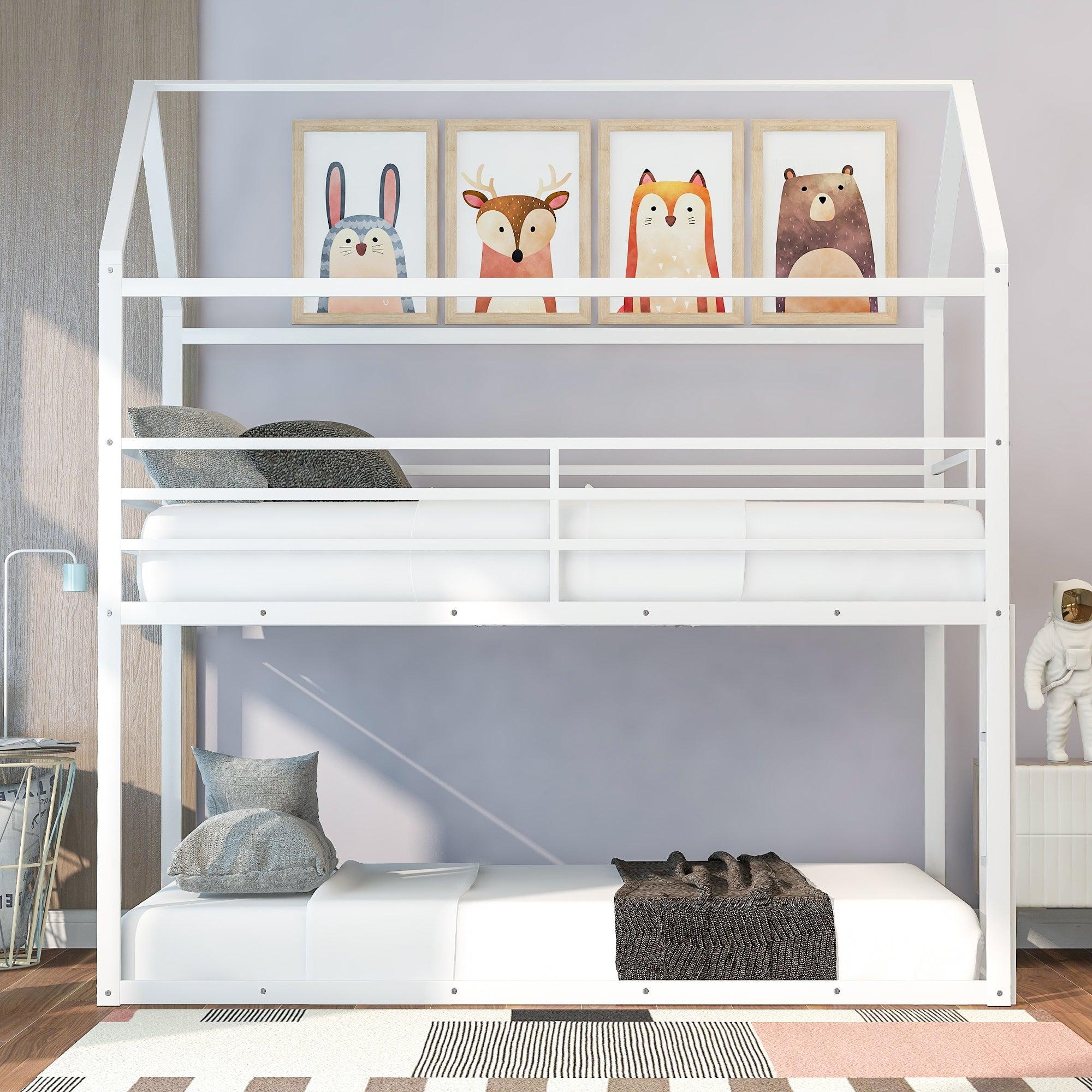 Twin over Twin Metal House Shaped Bunk Beds with Built-in Ladder - White