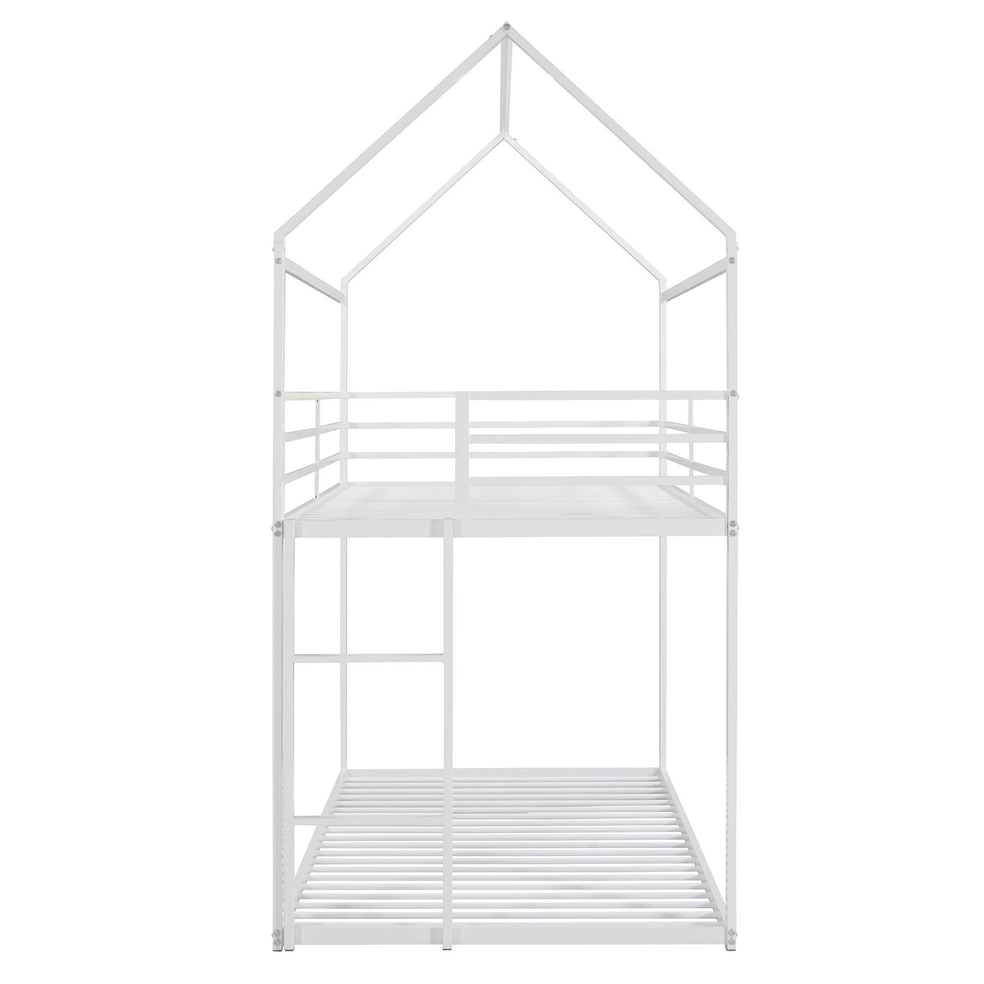 Twin over Twin Metal House Shaped Bunk Beds with Built-in Ladder - White