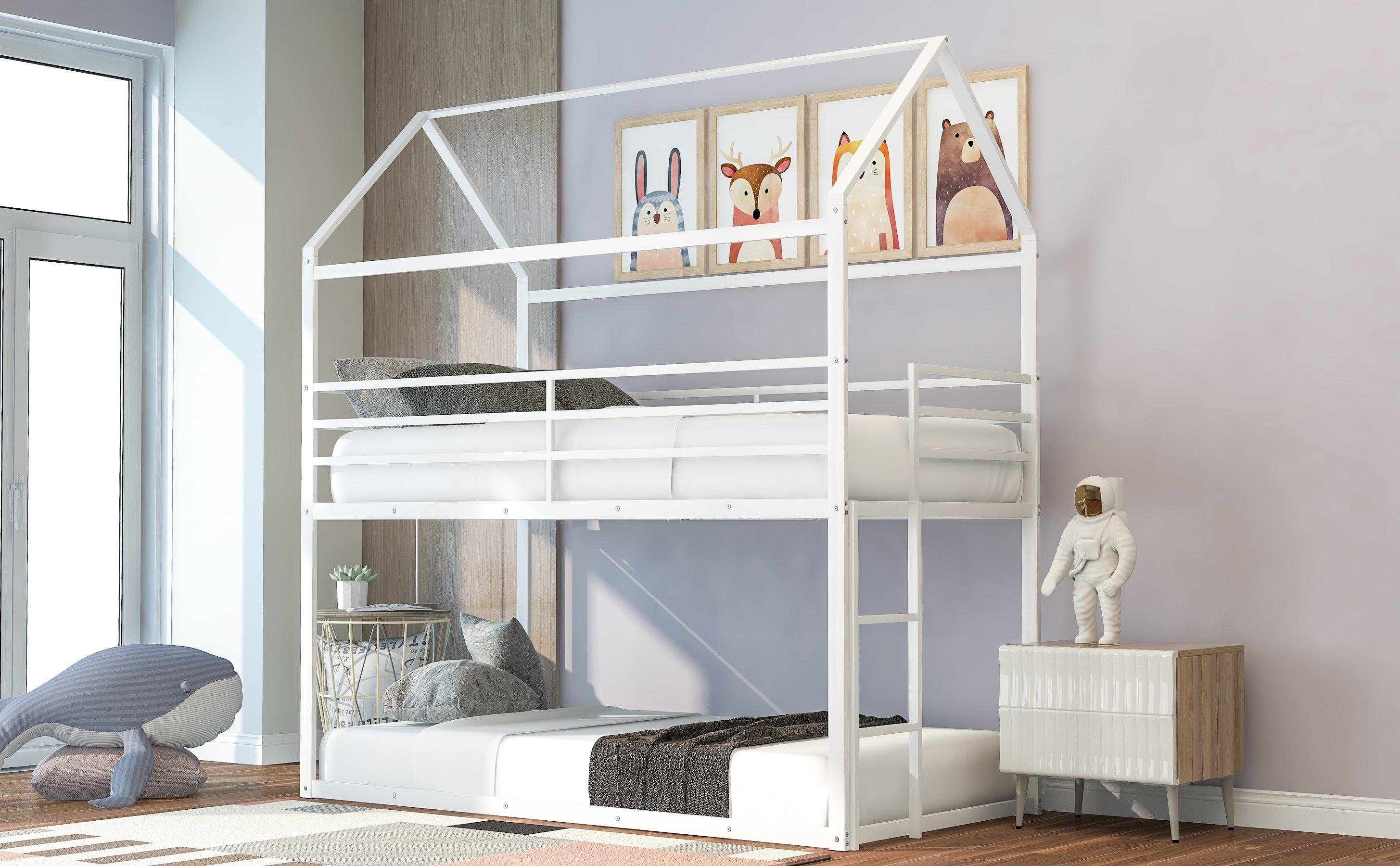 Twin over Twin Metal House Shaped Bunk Beds with Built-in Ladder - White