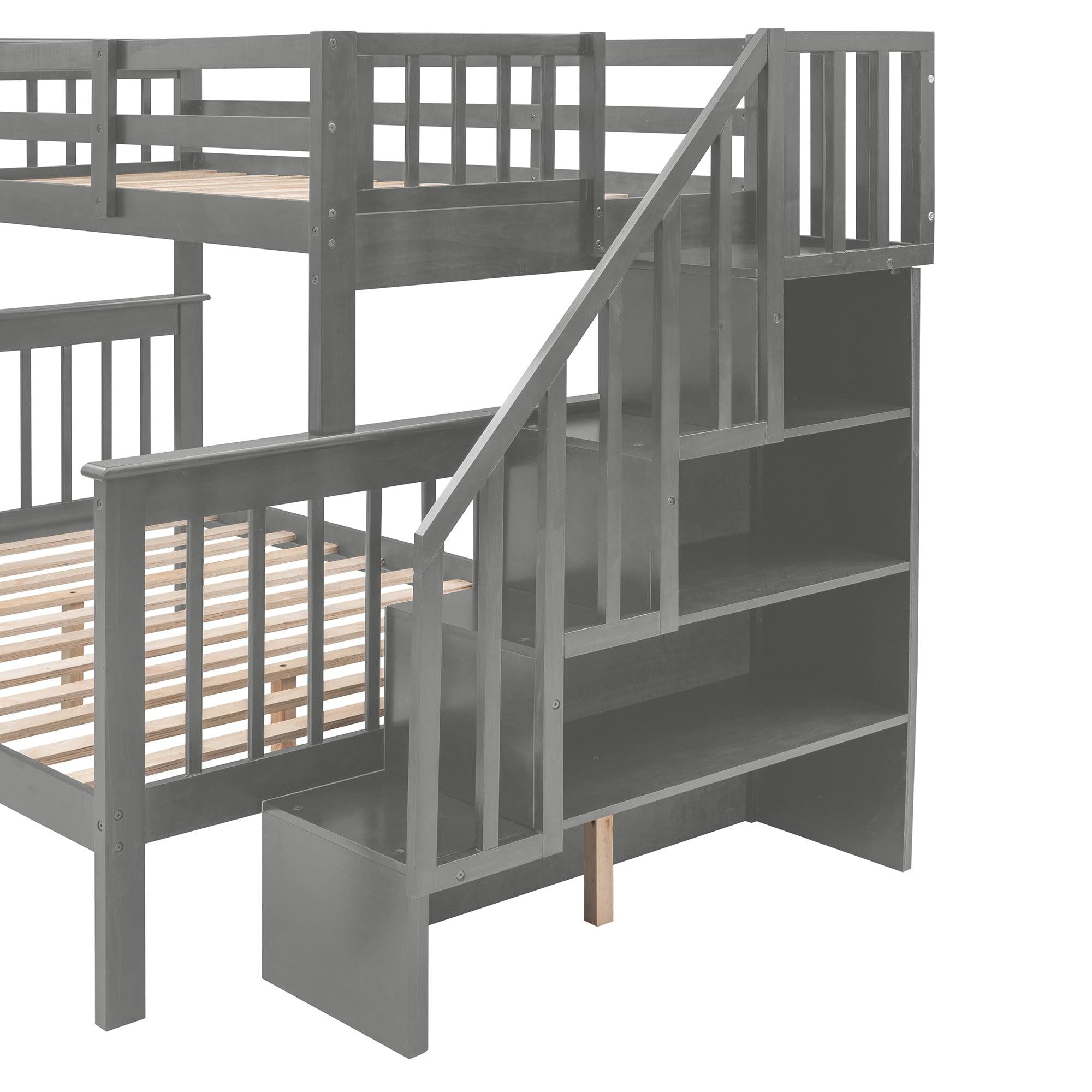 Twin Over Full Bunk Bed with Drawer andStorage Staircase - Gray