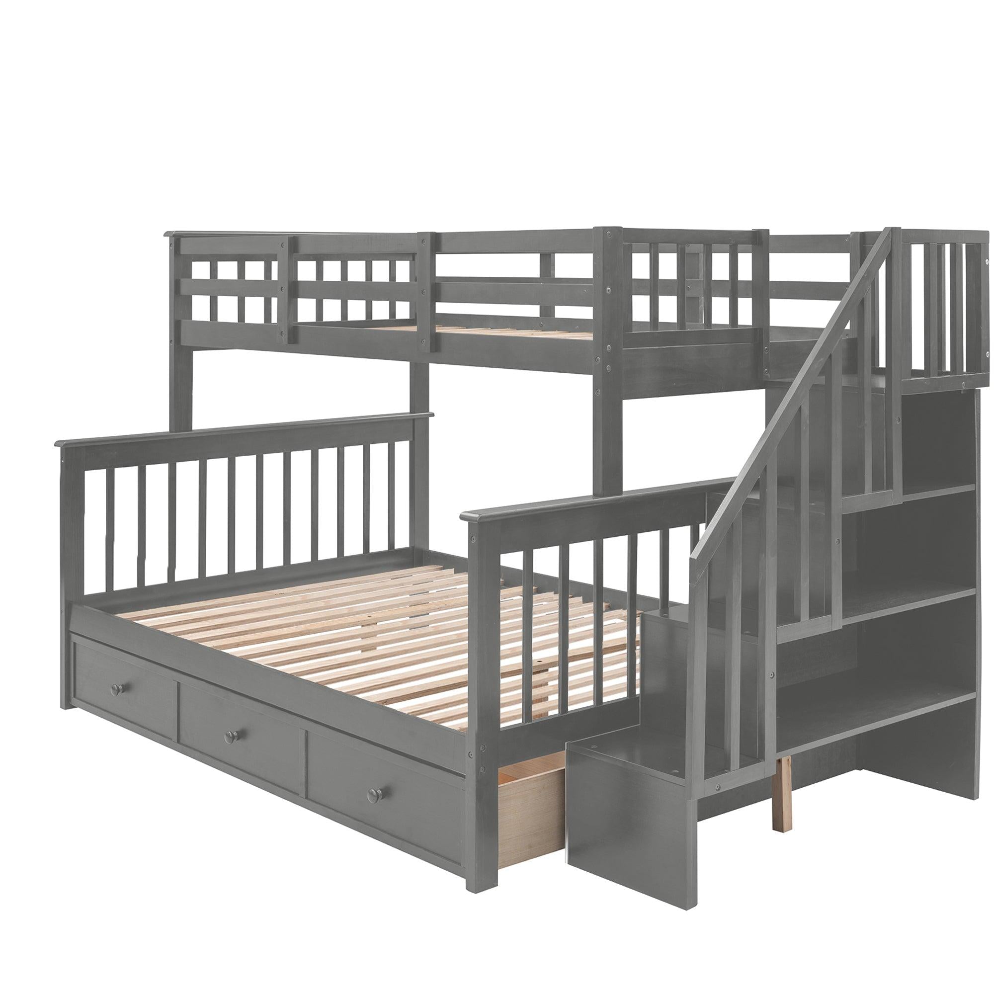 Twin Over Full Bunk Bed with Drawer andStorage Staircase - Gray