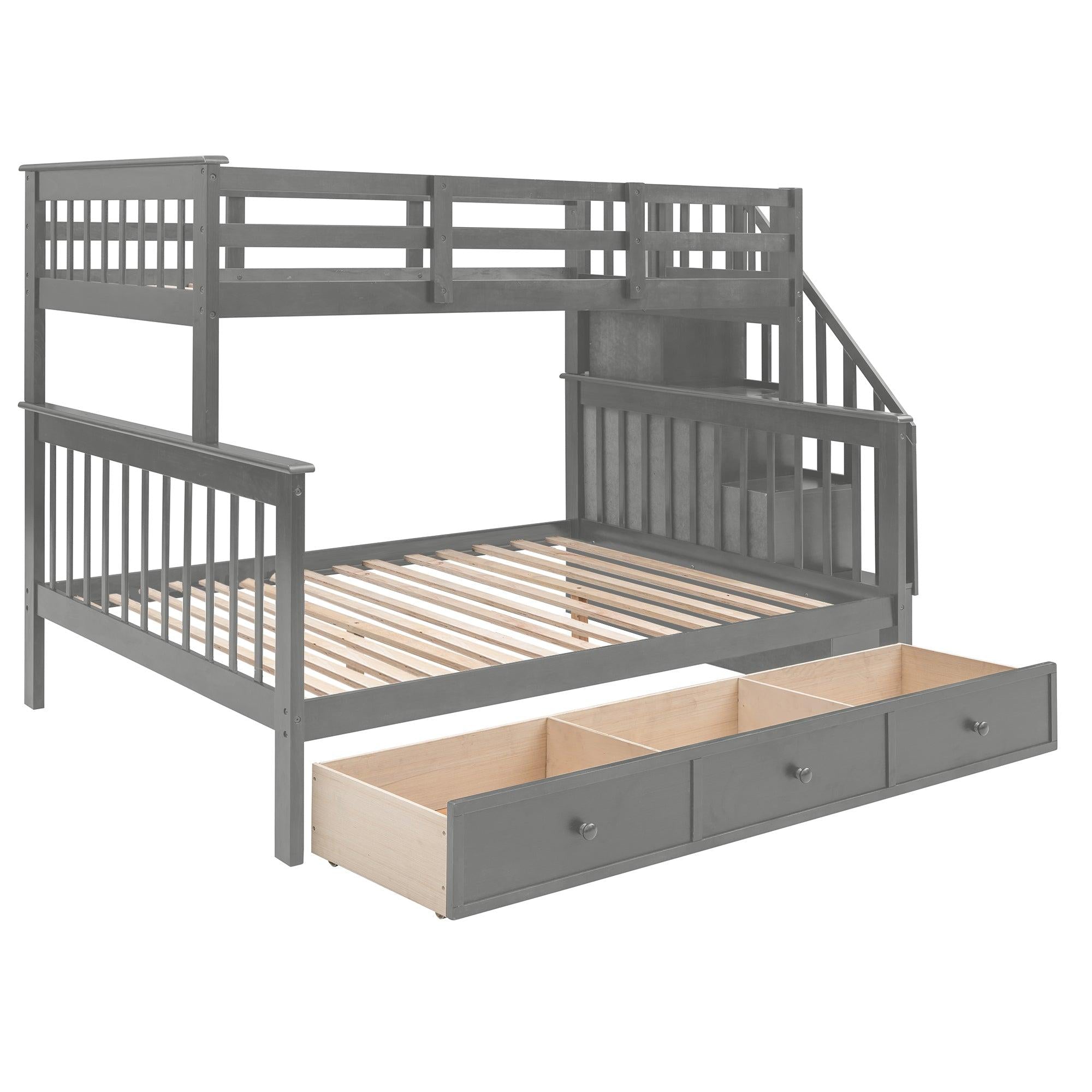 Twin Over Full Bunk Bed with Drawer andStorage Staircase - Gray