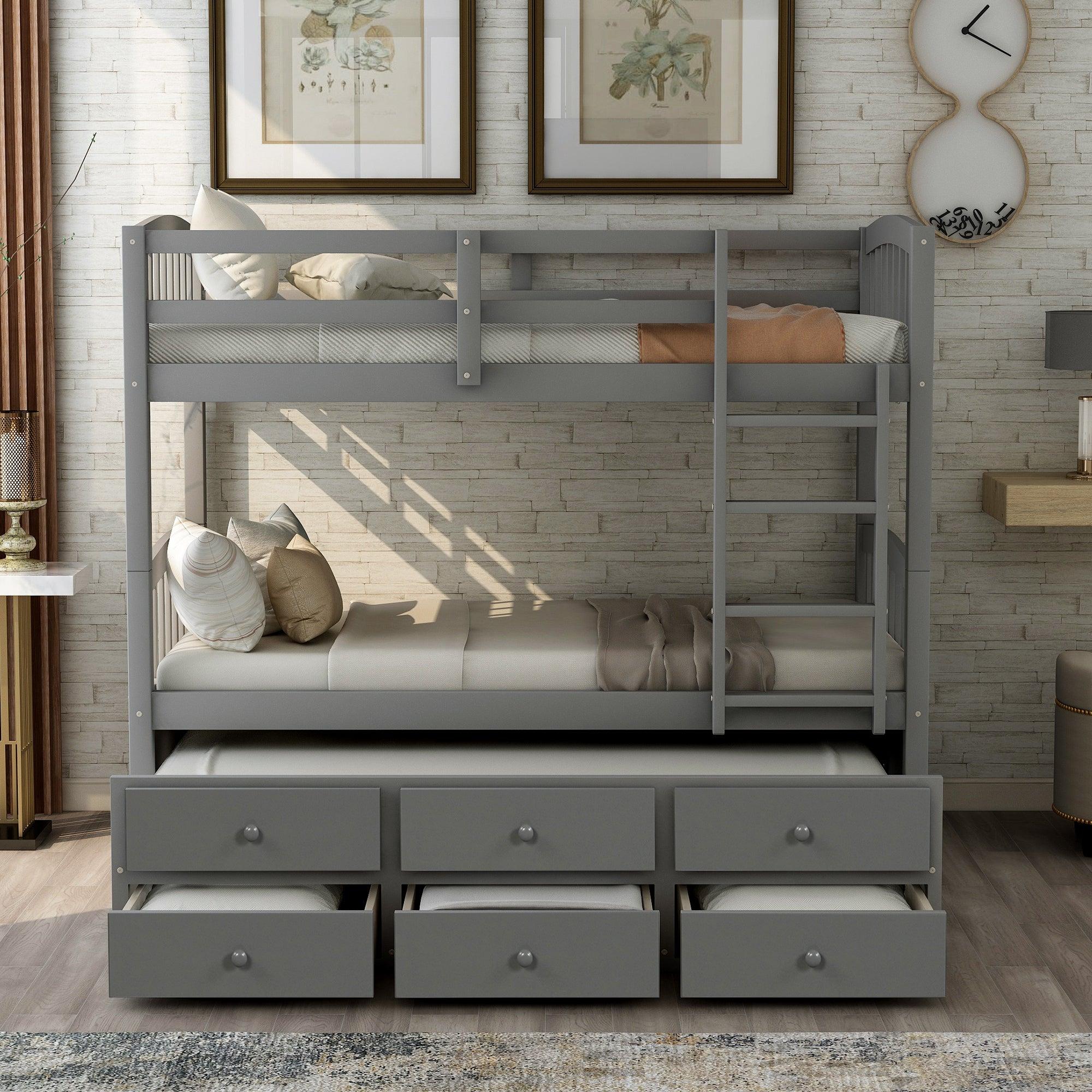 Twin over Twin Bunk Bed with Ladder, Safety Rail, and Twin Trundle Bed with 3 Drawers - Gray