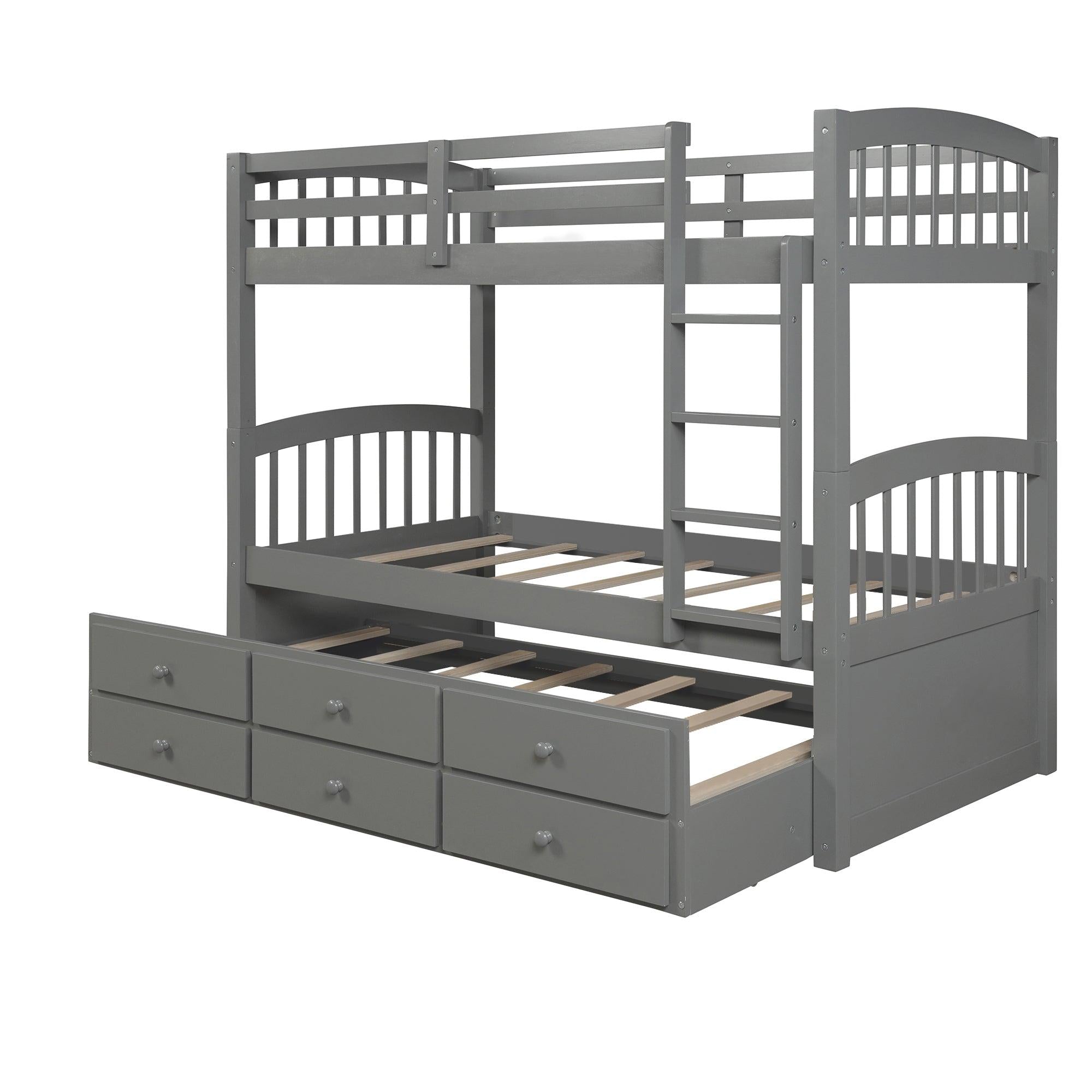 Twin over Twin Bunk Bed with Ladder, Safety Rail, and Twin Trundle Bed with 3 Drawers - Gray