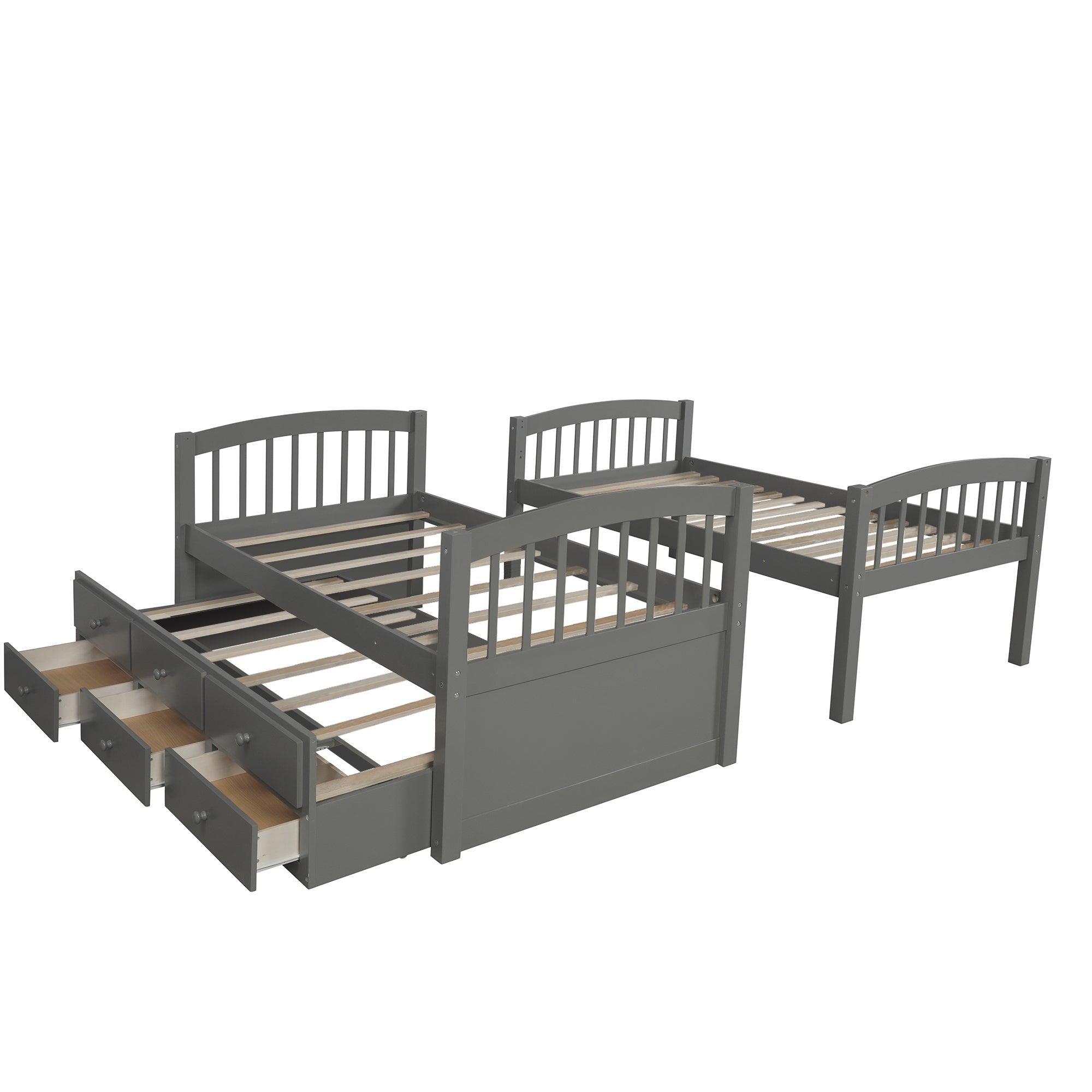 Twin over Twin Bunk Bed with Ladder, Safety Rail, and Twin Trundle Bed with 3 Drawers - Gray