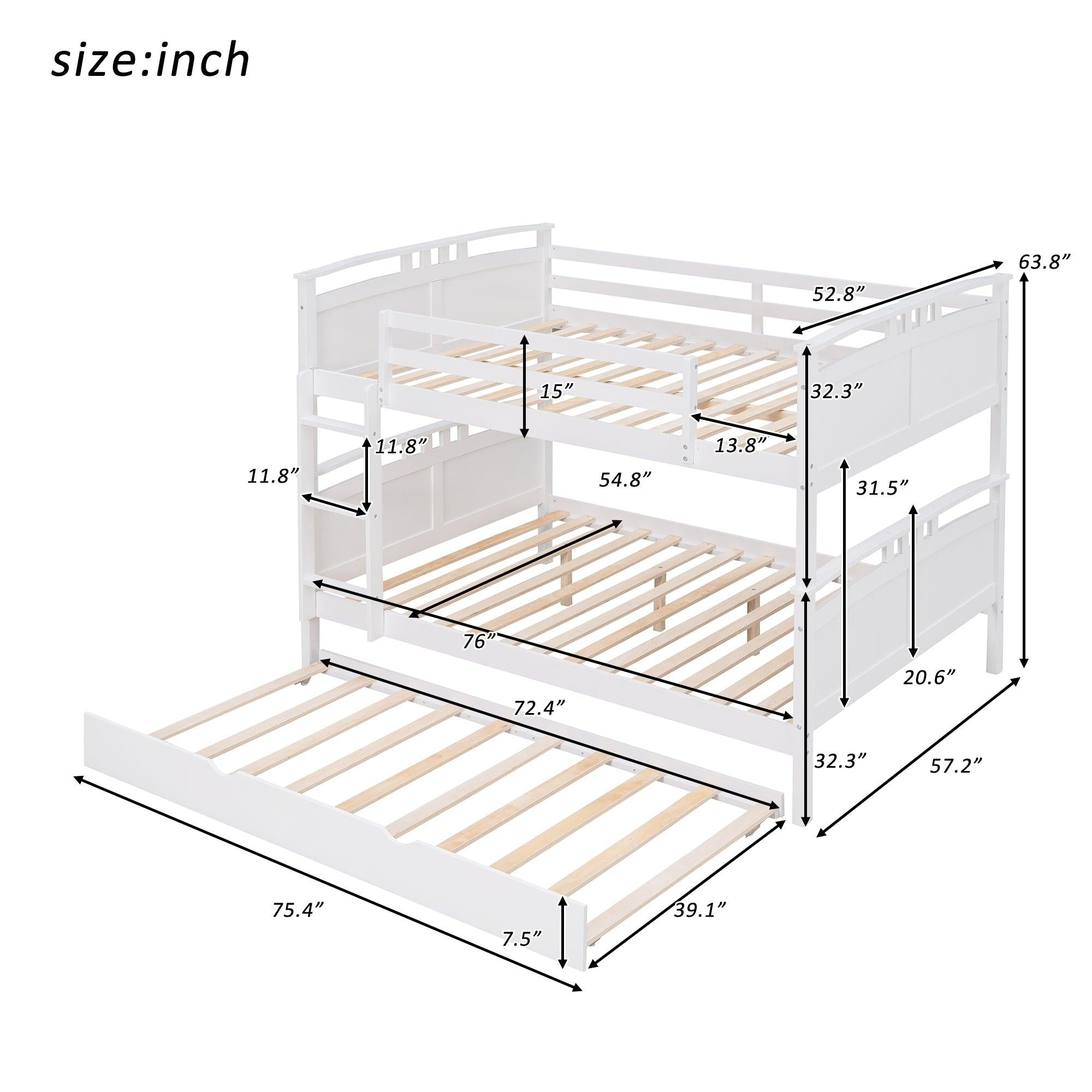 Full Over Full Convertible Bunk Bed into Beds with Twin Size Trundle - White