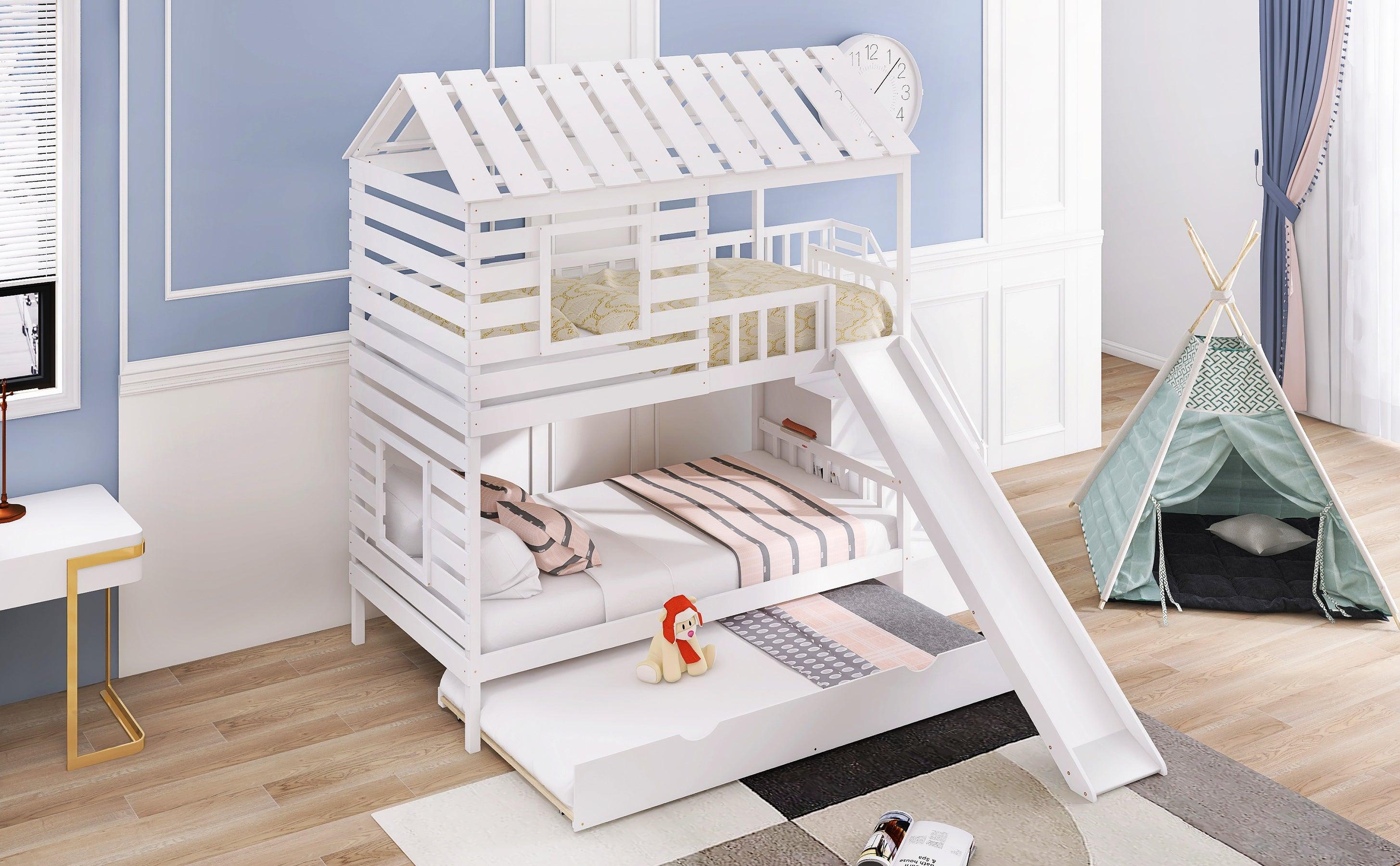 Twin over Twin House Shaped Bunk Bed with Twin Size Trundle, Slide,Storage Staircase - White