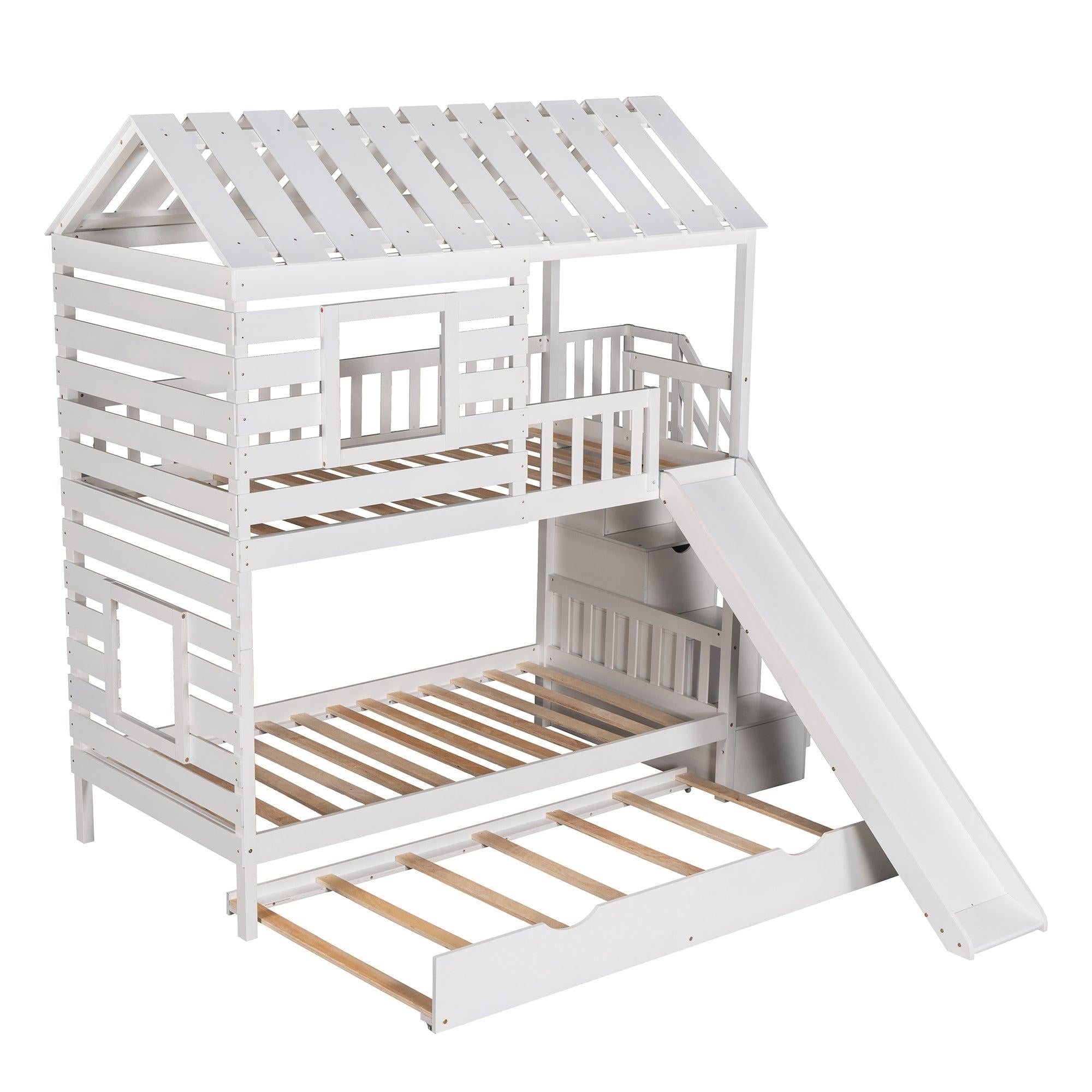 Twin over Twin House Shaped Bunk Bed with Twin Size Trundle, Slide,Storage Staircase - White