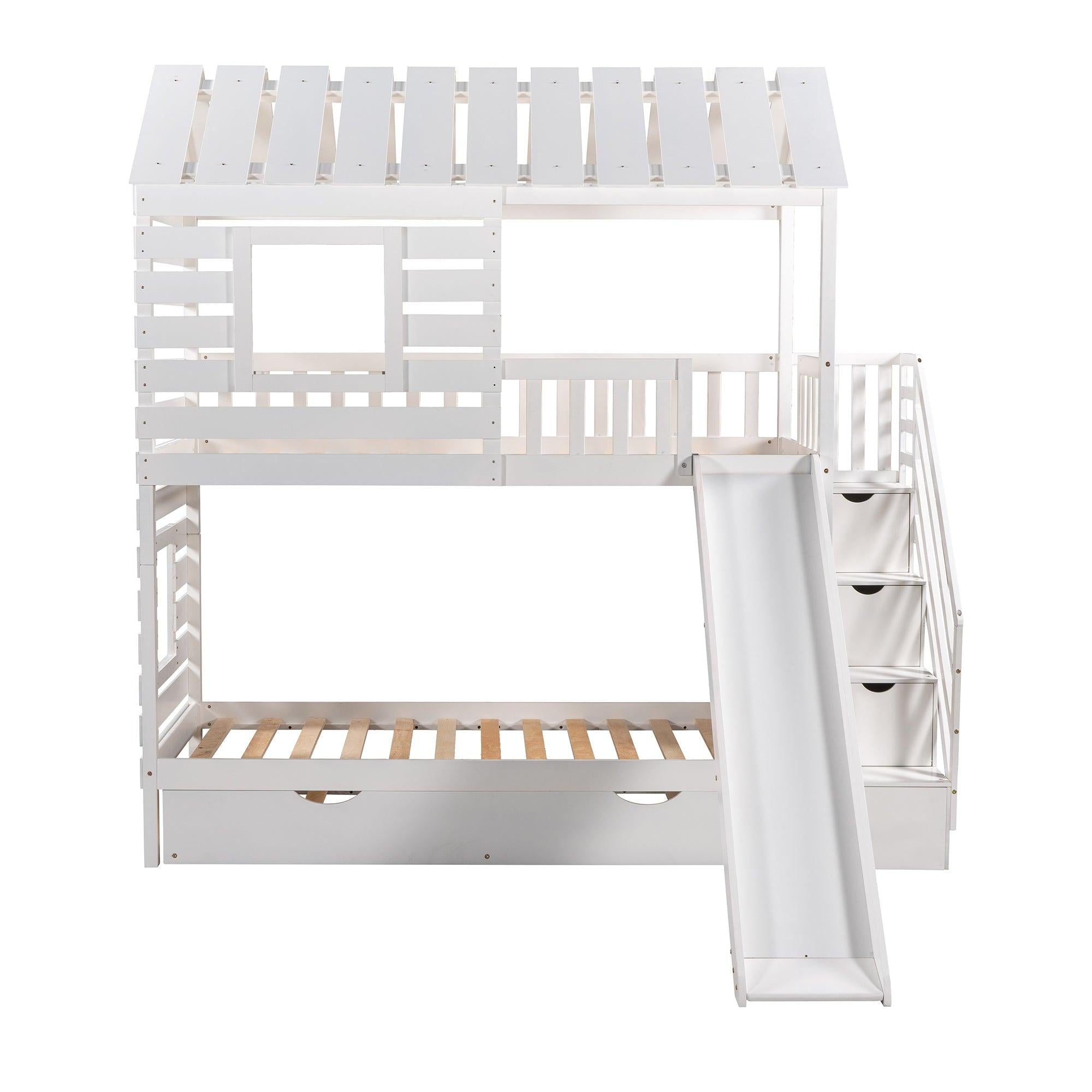 Twin over Twin House Shaped Bunk Bed with Twin Size Trundle, Slide,Storage Staircase - White