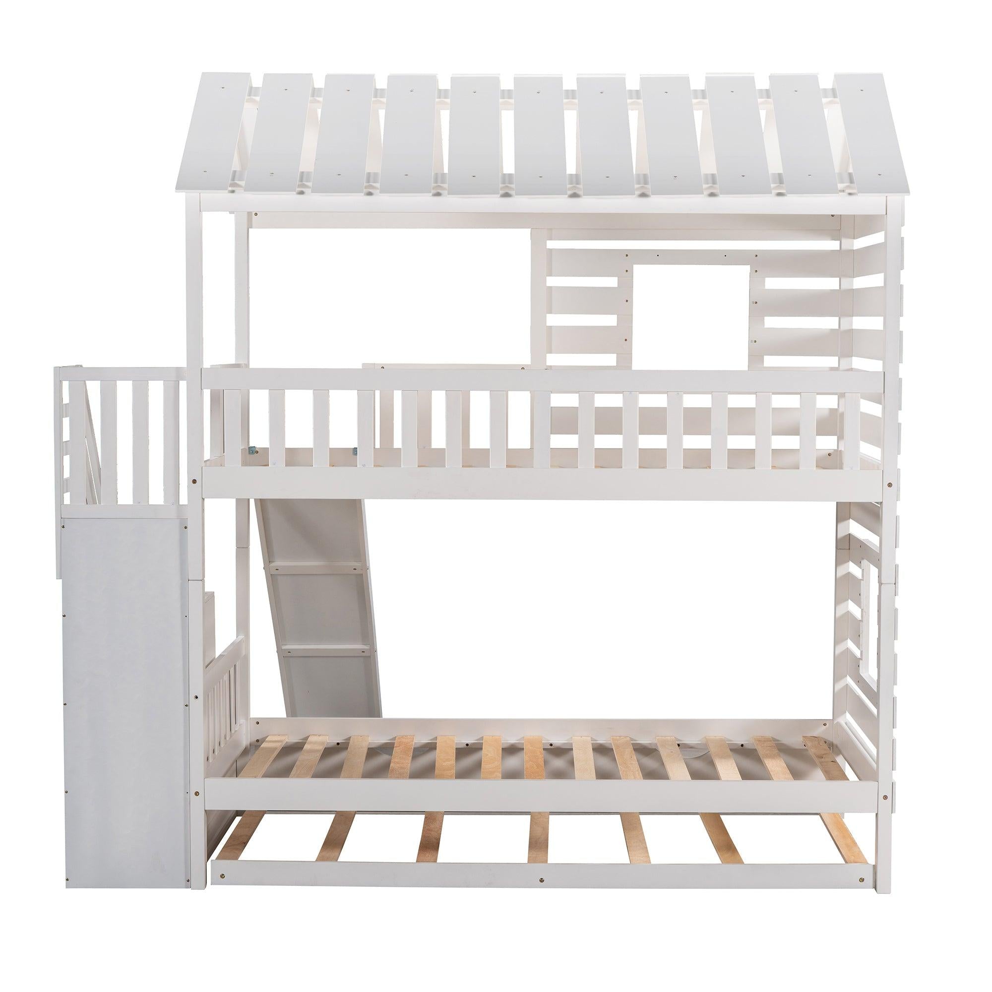 Twin over Twin House Shaped Bunk Bed with Twin Size Trundle, Slide,Storage Staircase - White