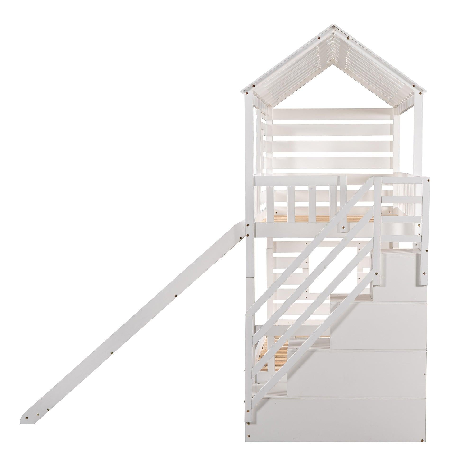 Twin over Twin House Shaped Bunk Bed with Twin Size Trundle, Slide,Storage Staircase - White