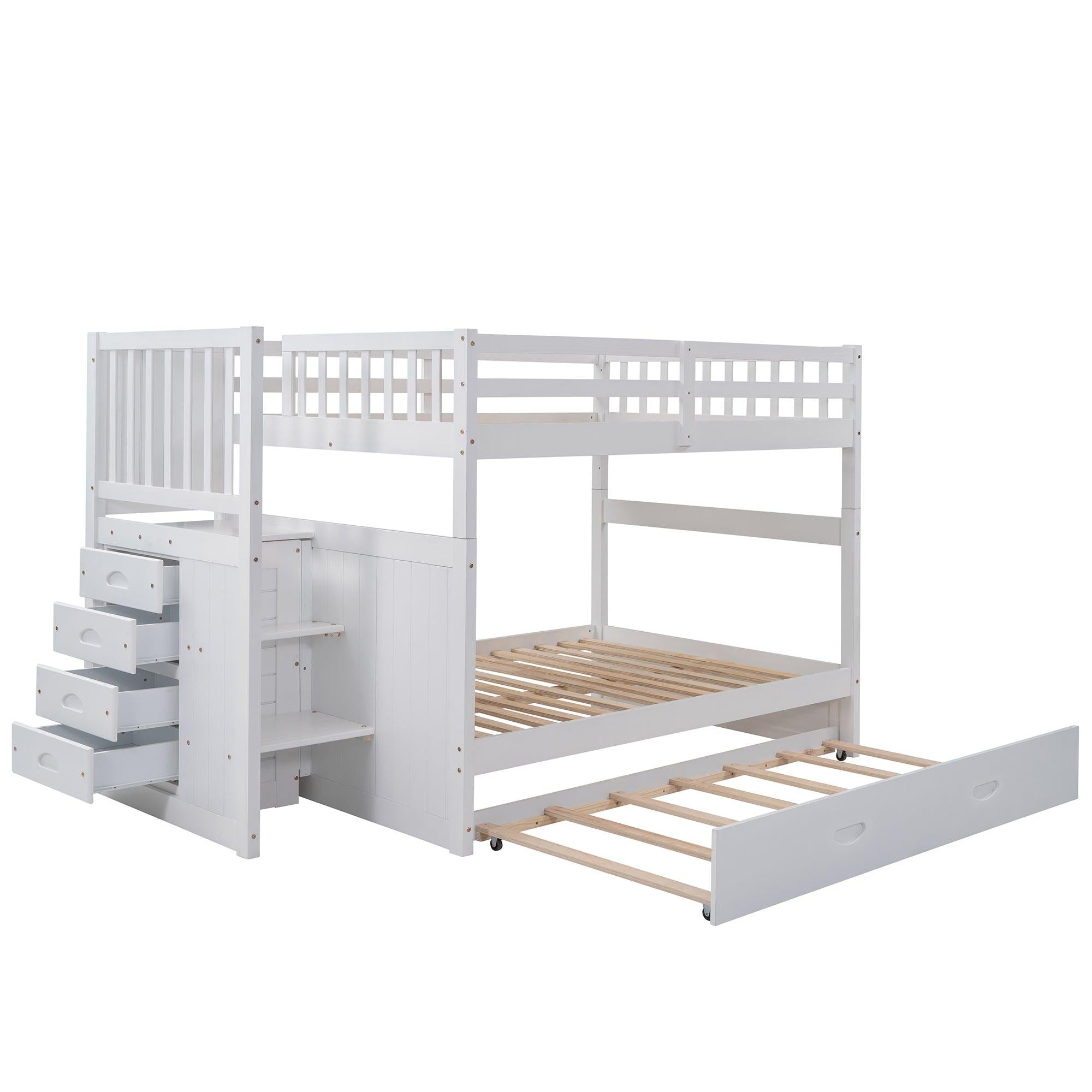 Full over Full Convertible Bunk Bed with Twin Size Trundle and Staircase Drawers - White