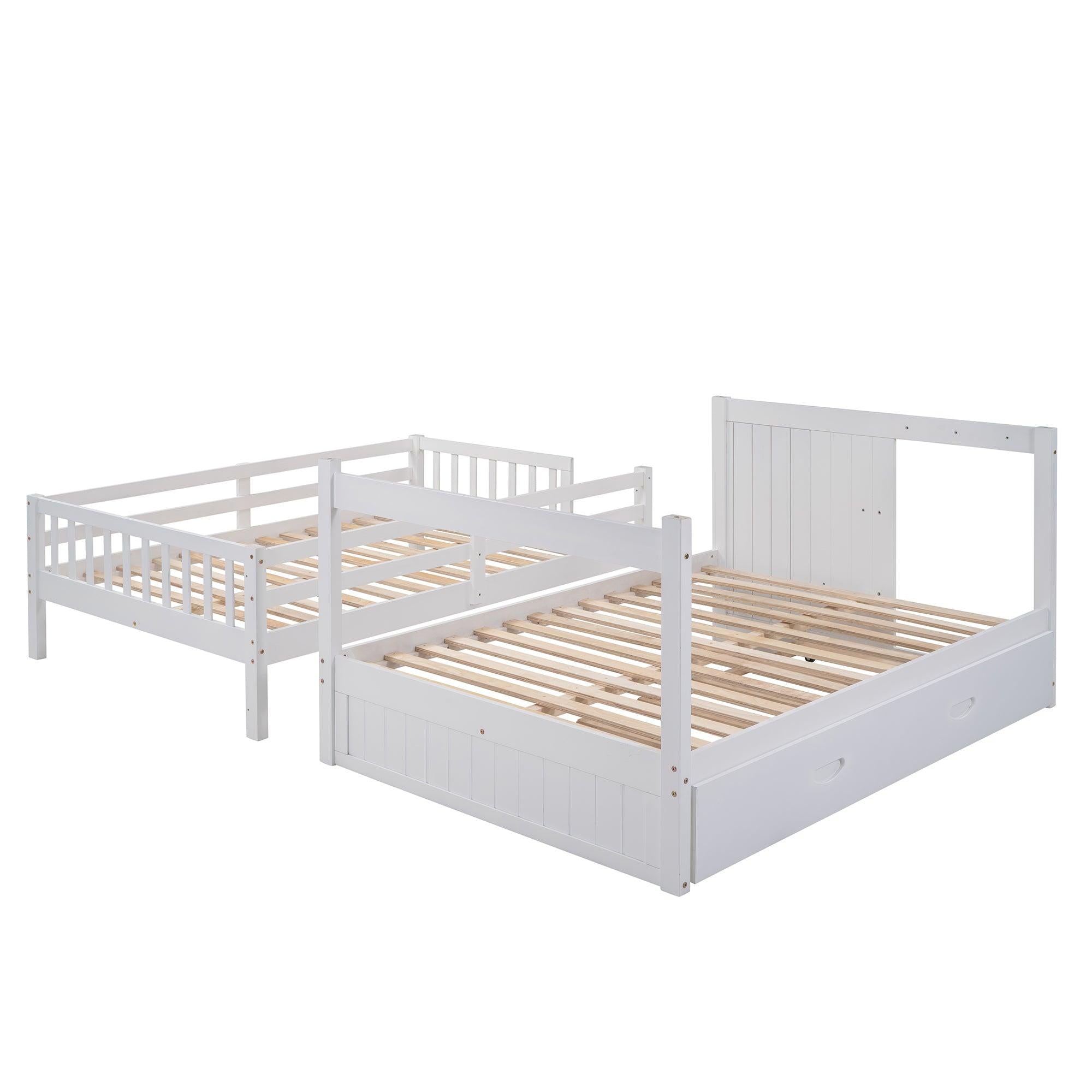 Full over Full Convertible Bunk Bed with Twin Size Trundle and Staircase Drawers - White