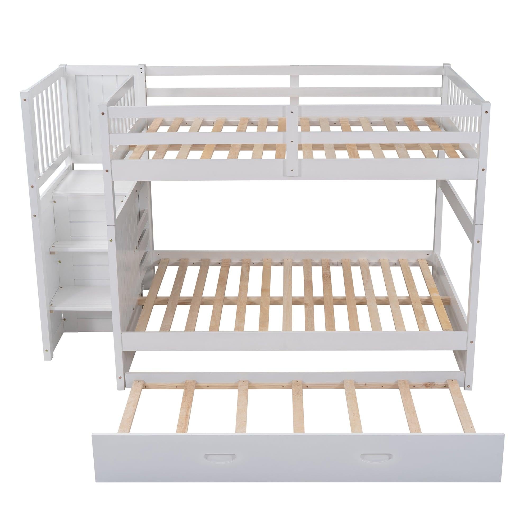 Full over Full Convertible Bunk Bed with Twin Size Trundle and Staircase Drawers - White