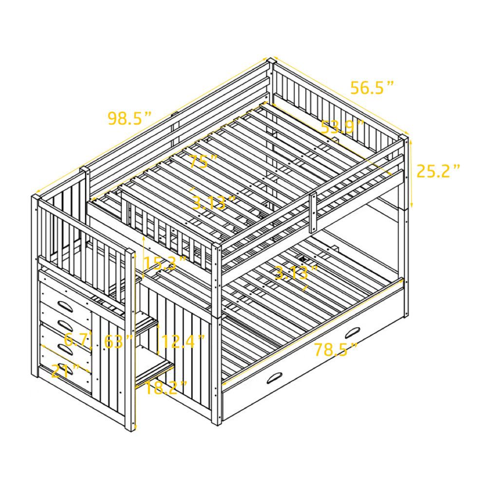 Full over Full Convertible Bunk Bed with Twin Size Trundle and Staircase Drawers - White