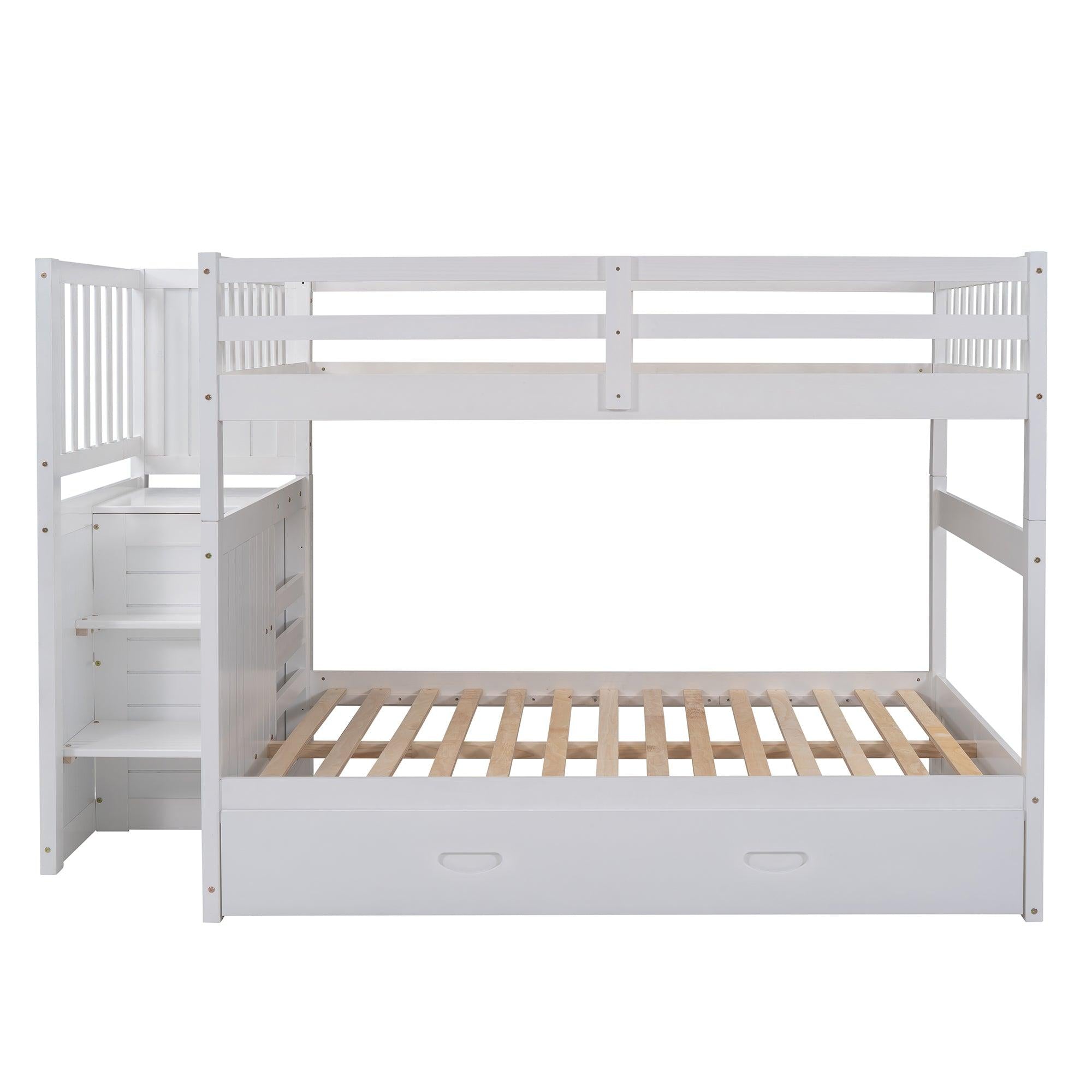 Full over Full Convertible Bunk Bed with Twin Size Trundle and Staircase Drawers - White