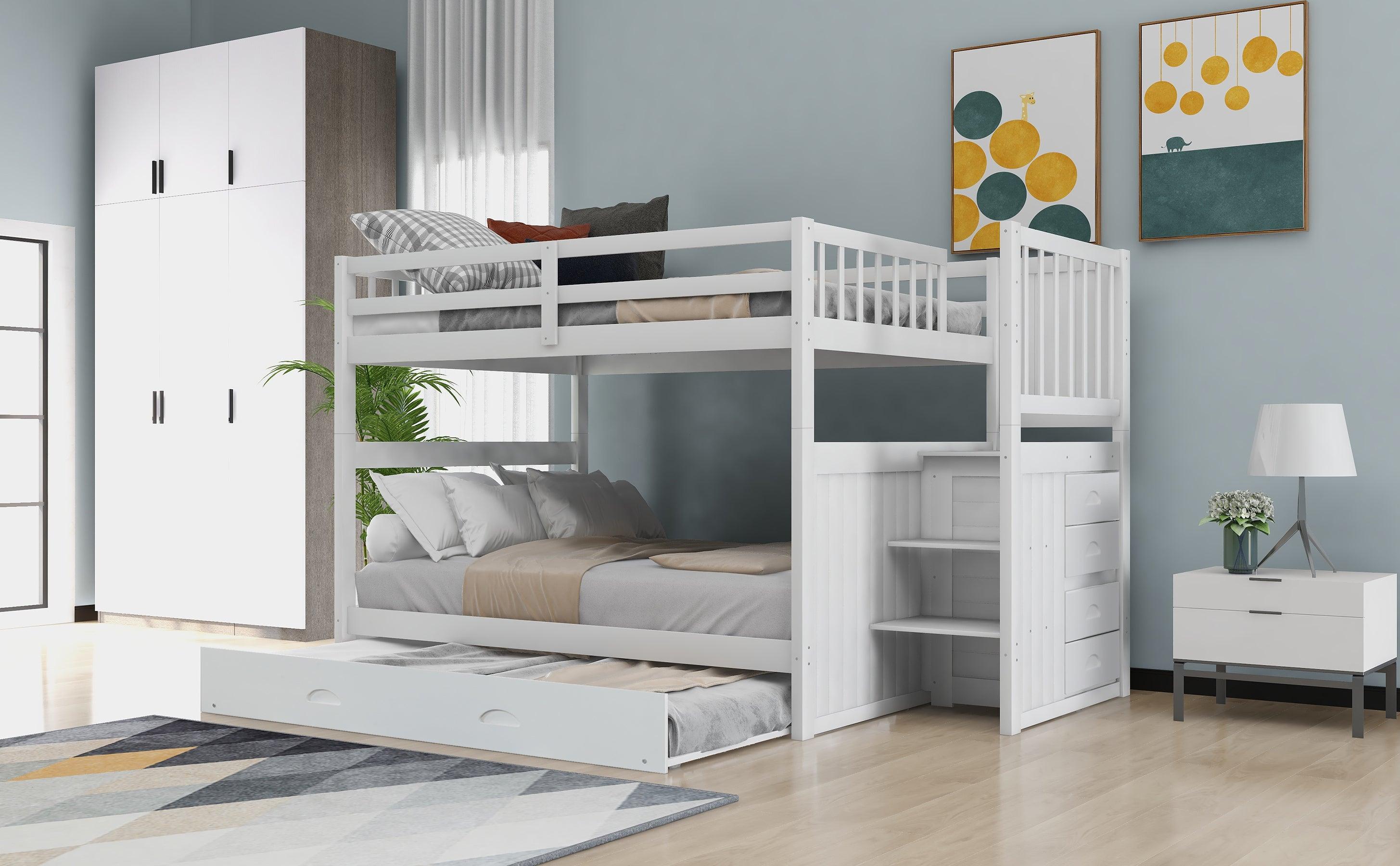 Full over Full Convertible Bunk Bed with Twin Size Trundle and Staircase Drawers - White