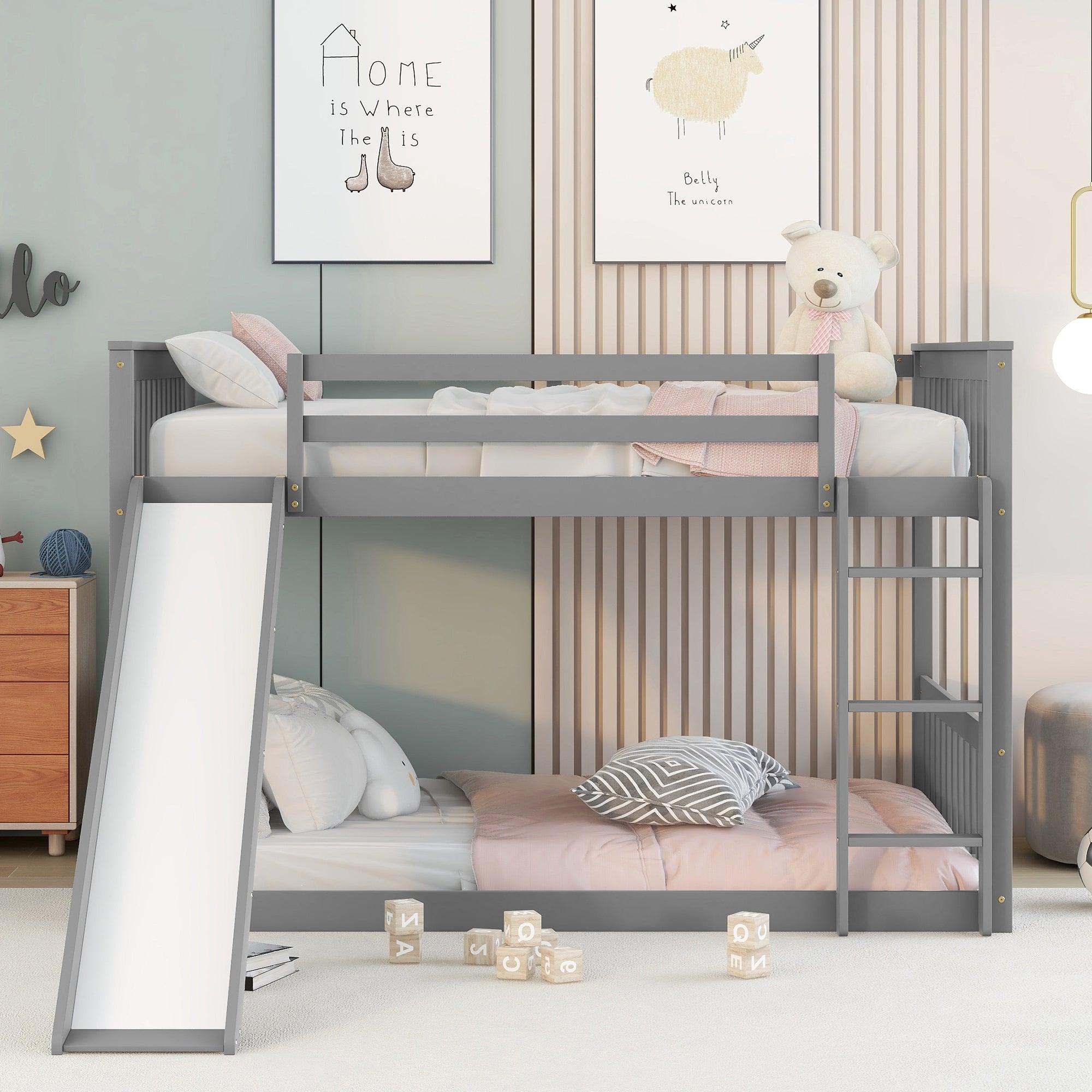 Full over Full Bunk Bed with Slide and Ladder - Gray