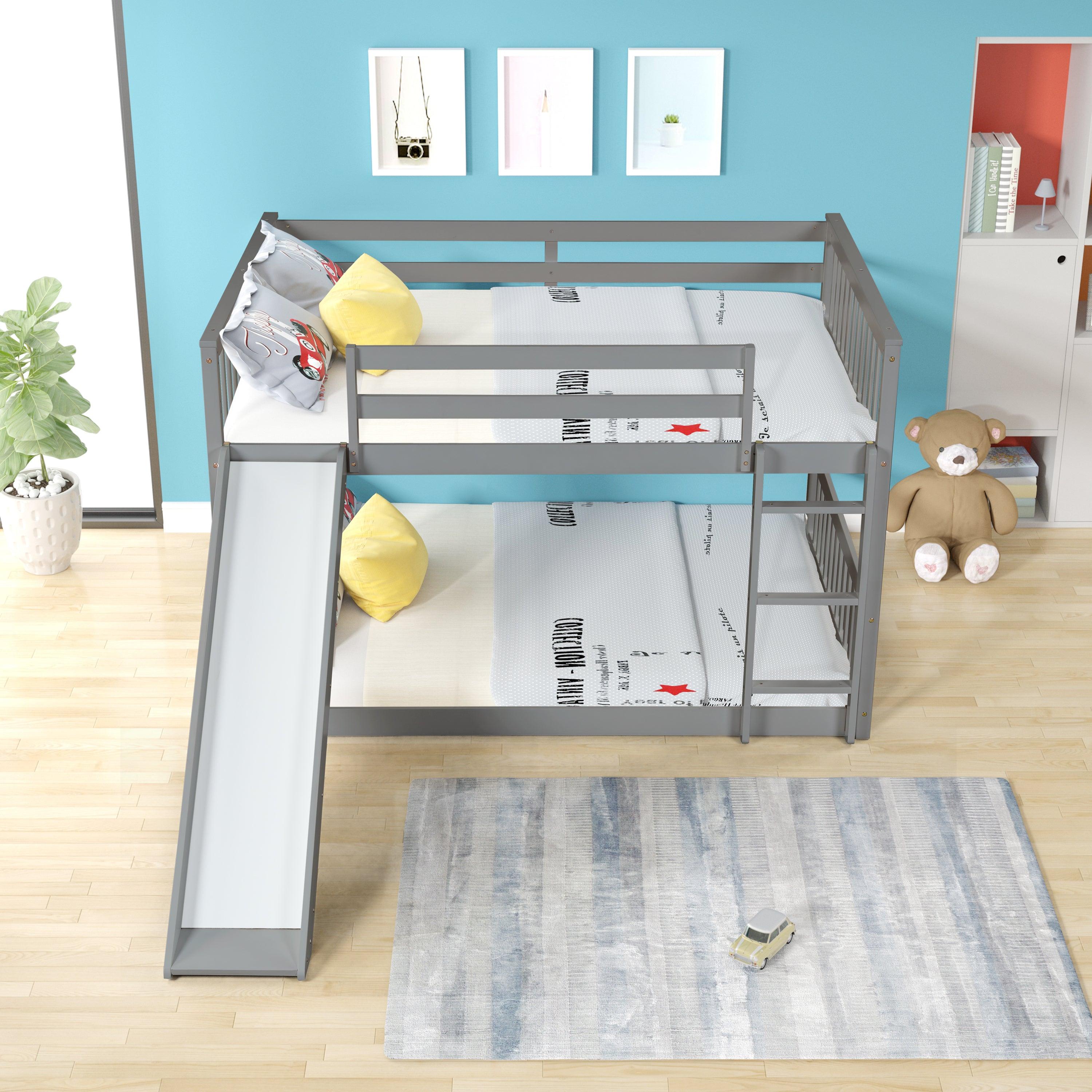 Full over Full Bunk Bed with Slide and Ladder - Gray