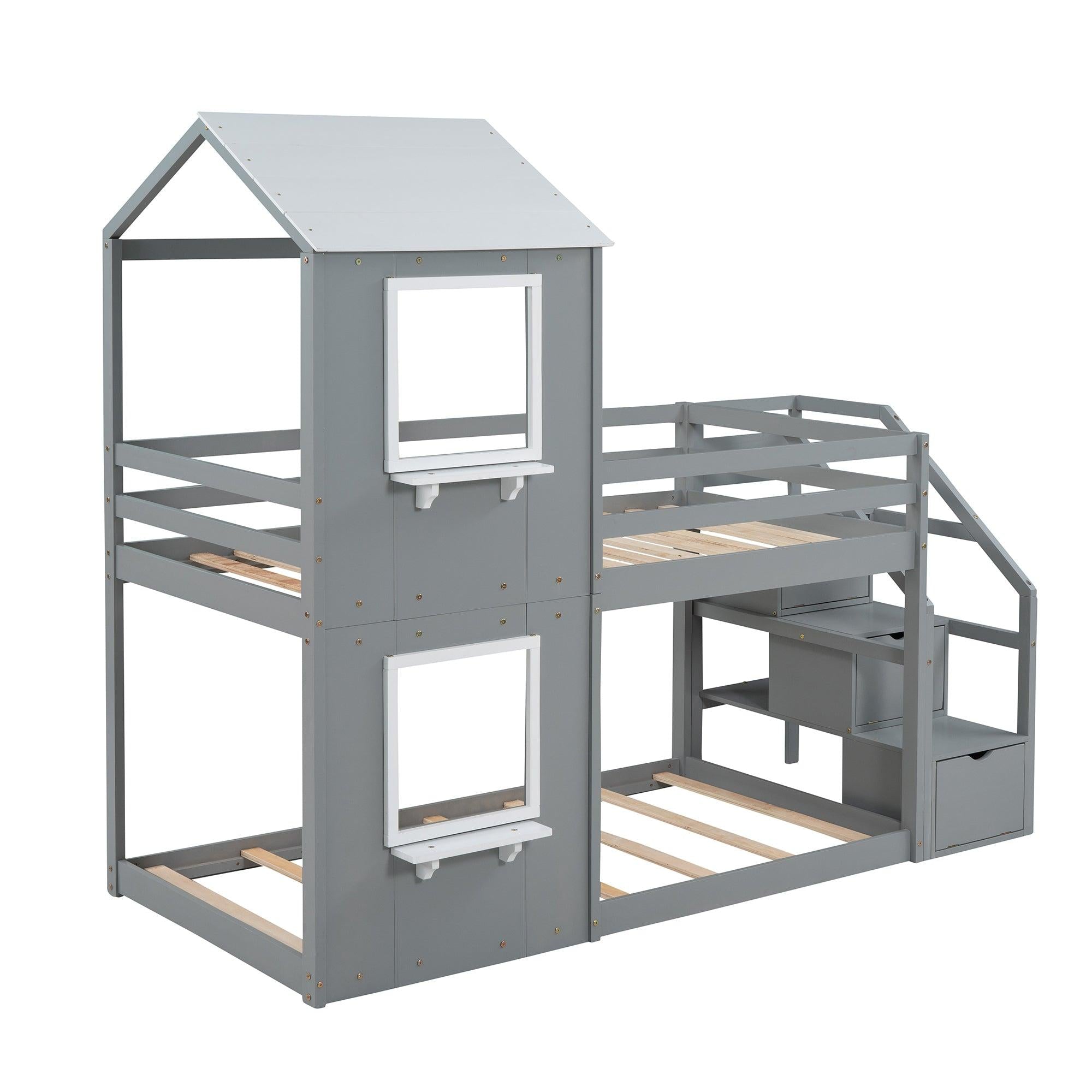 Twin over Twin House Shaped Bunk Bed withStorage Stairs, Guardrail and Ladder - Gray and White