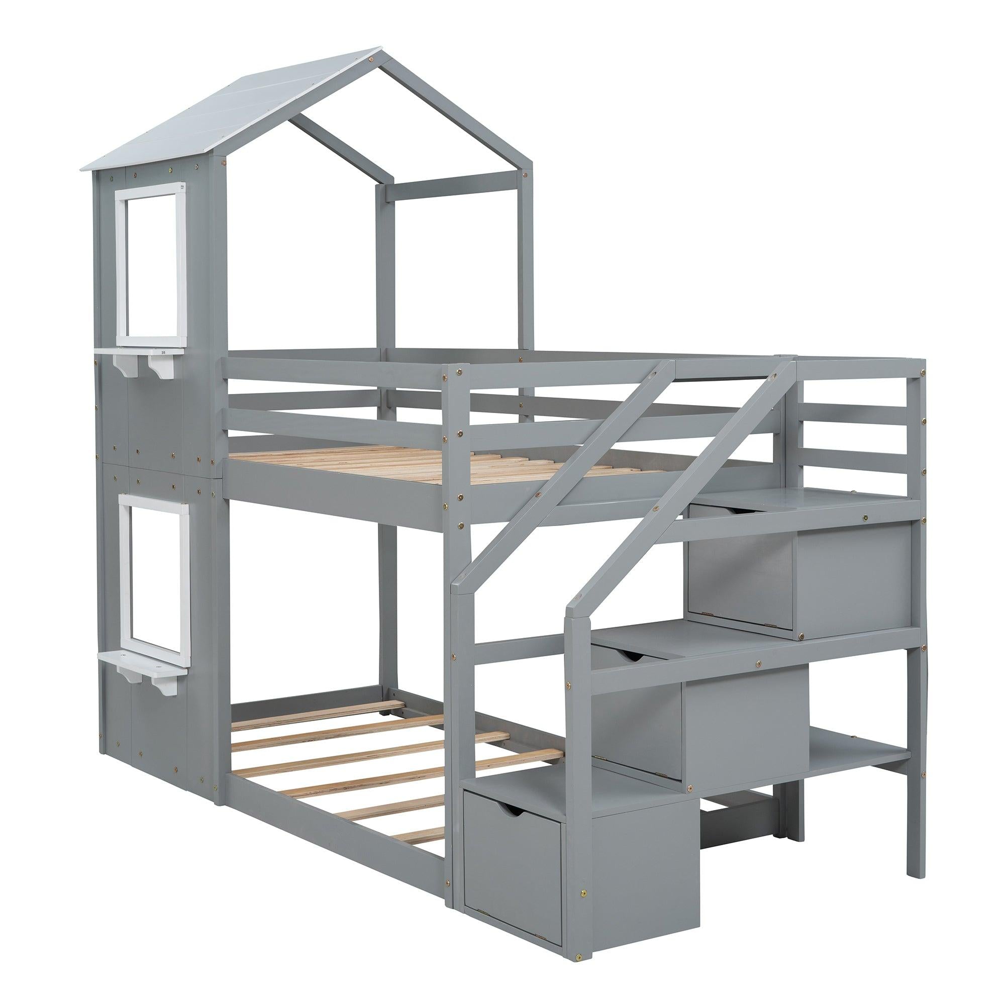 Twin over Twin House Shaped Bunk Bed withStorage Stairs, Guardrail and Ladder - Gray and White