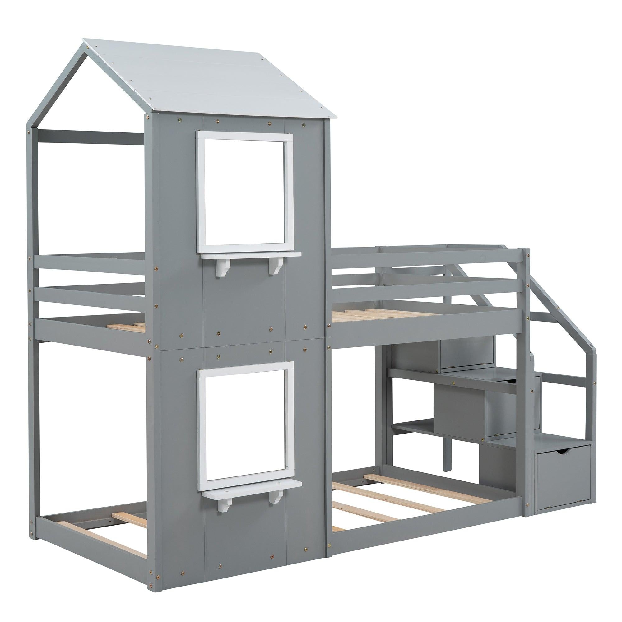 Twin over Twin House Shaped Bunk Bed withStorage Stairs, Guardrail and Ladder - Gray and White