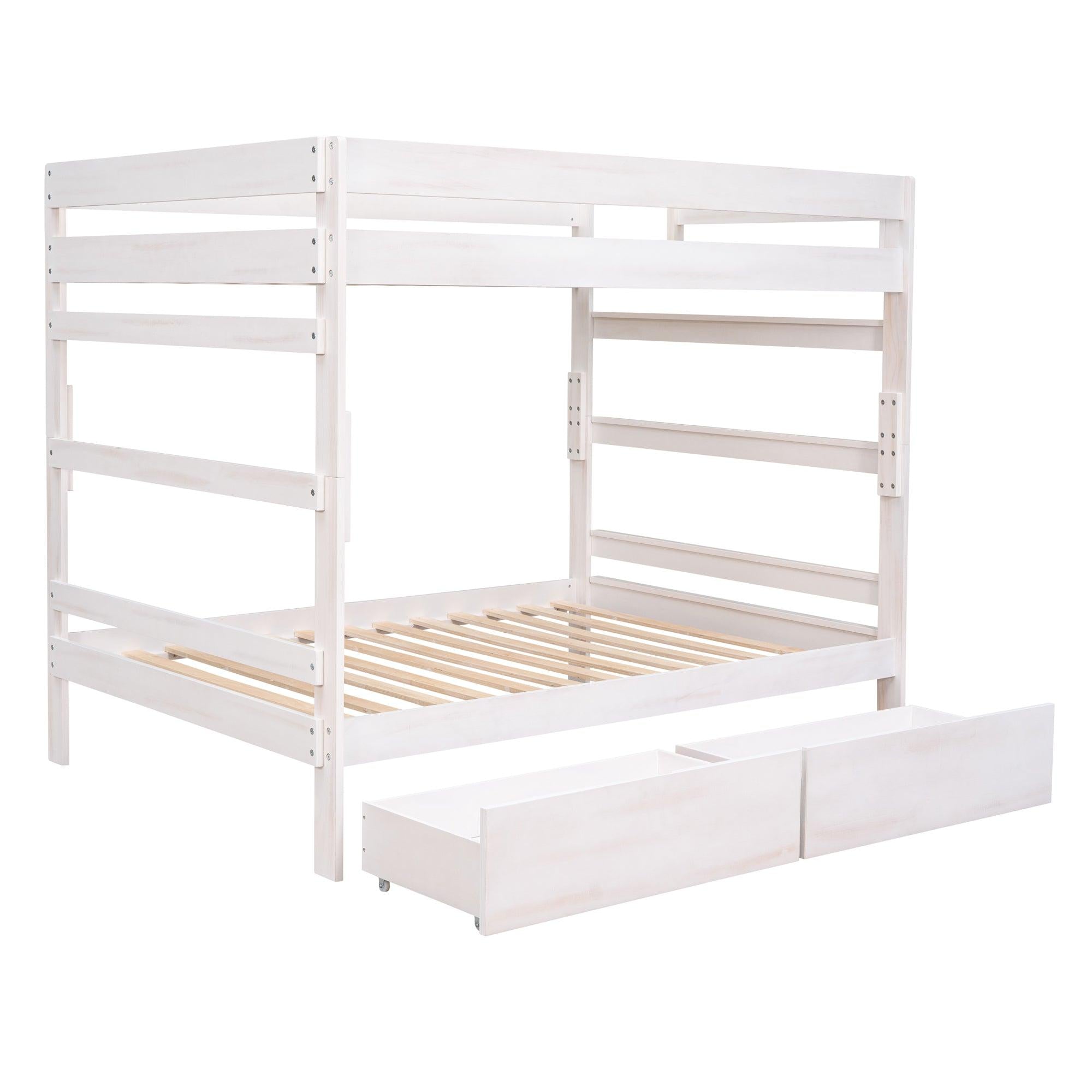 Full over Full Wood Bunk Bed with 2 Drawers - White