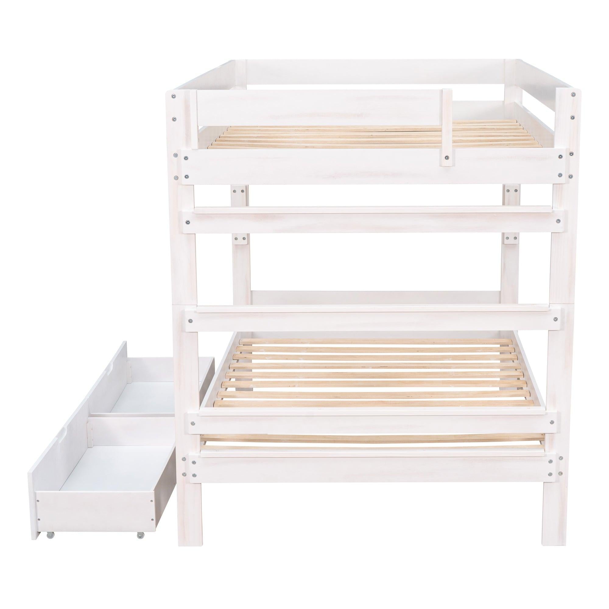 Full over Full Wood Bunk Bed with 2 Drawers - White