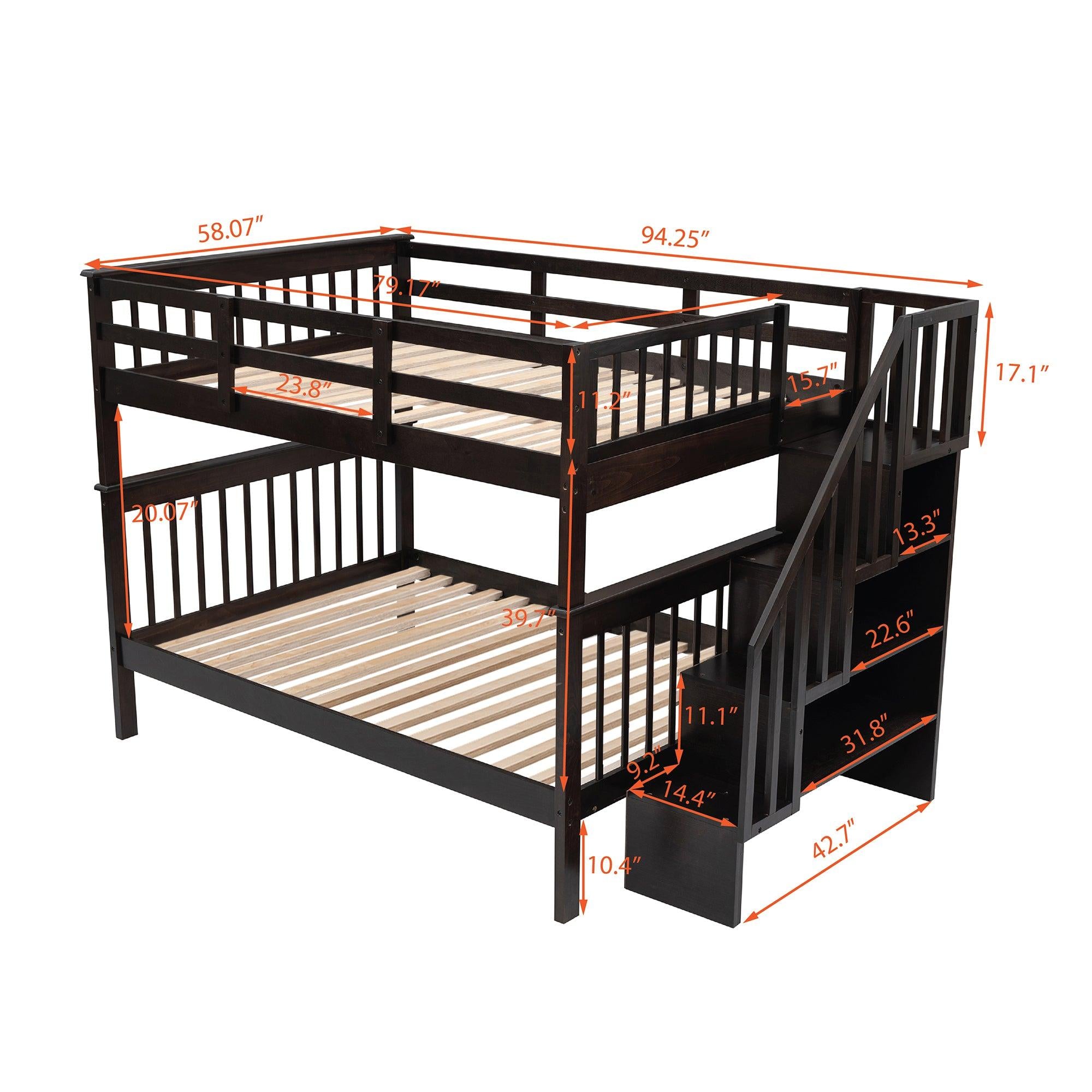 Full over Full Bunk Bed withStorage Staircase and Guard Rail - Espresso