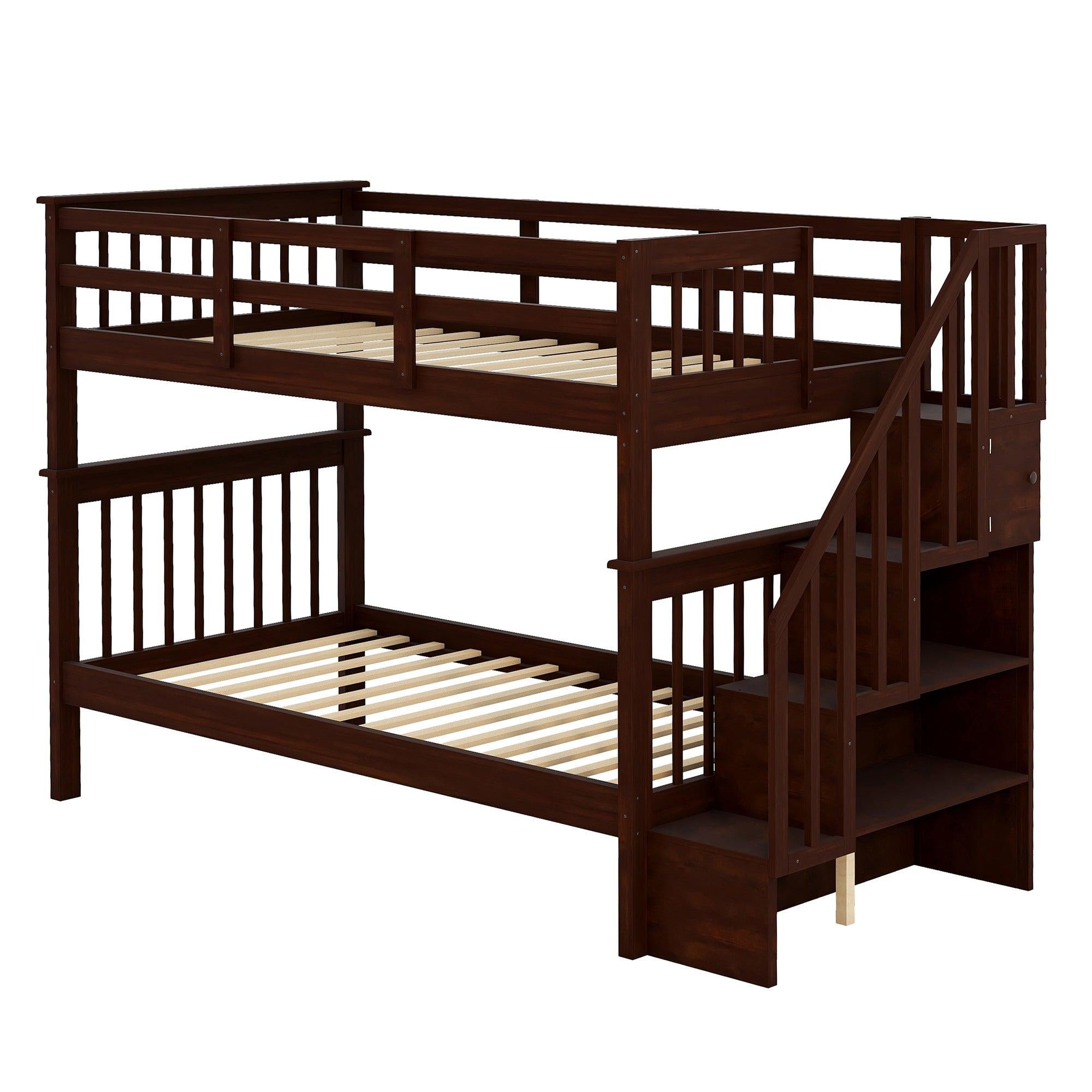 Twin Over Twin Bunk Bed withStorage Staircase and Guard Rail - Espresso color