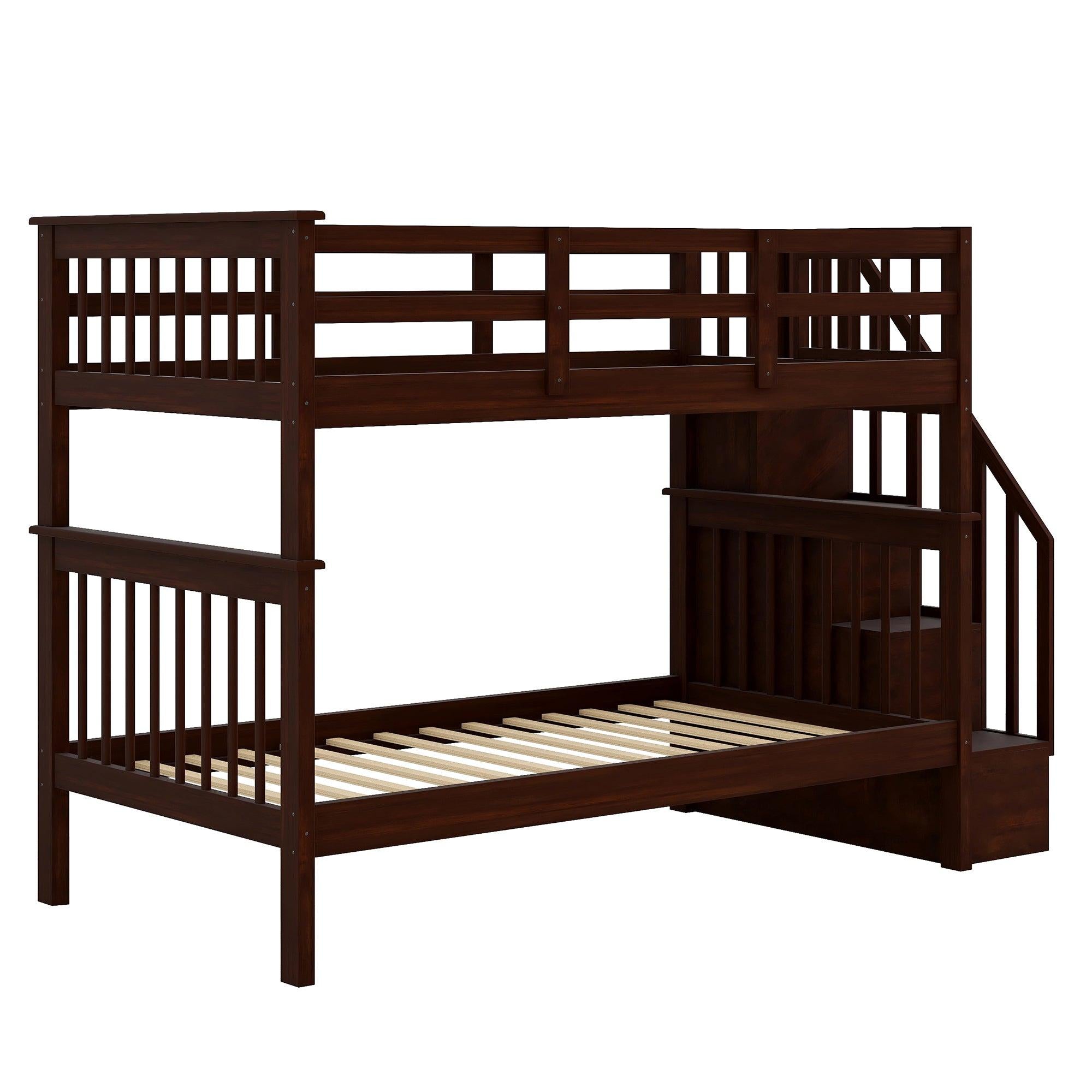 Twin Over Twin Bunk Bed withStorage Staircase and Guard Rail - Espresso color