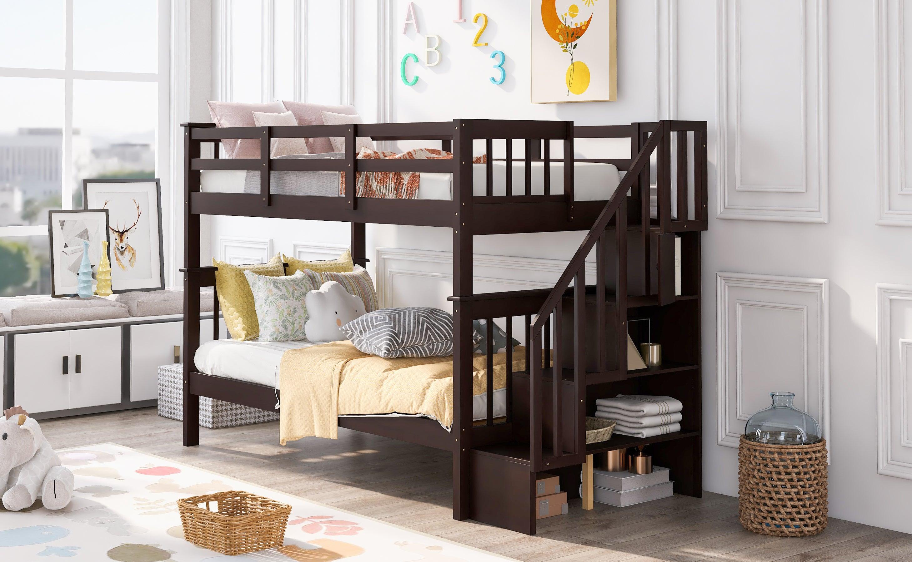 Twin Over Twin Bunk Bed withStorage Staircase and Guard Rail - Espresso color