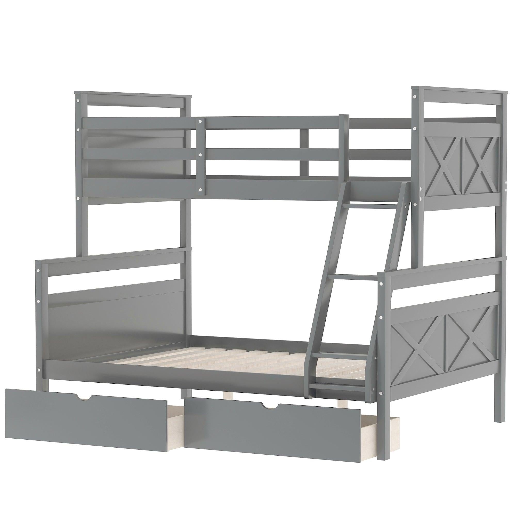 Twin over Full Bunk Bed with Ladder, TwoStorage Drawers and Safety Guardrail - Gray