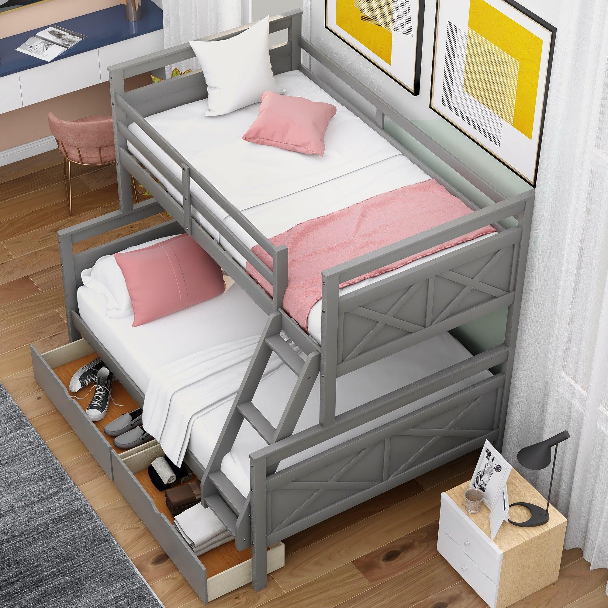 Twin over Full Bunk Bed with Ladder, TwoStorage Drawers and Safety Guardrail - Gray