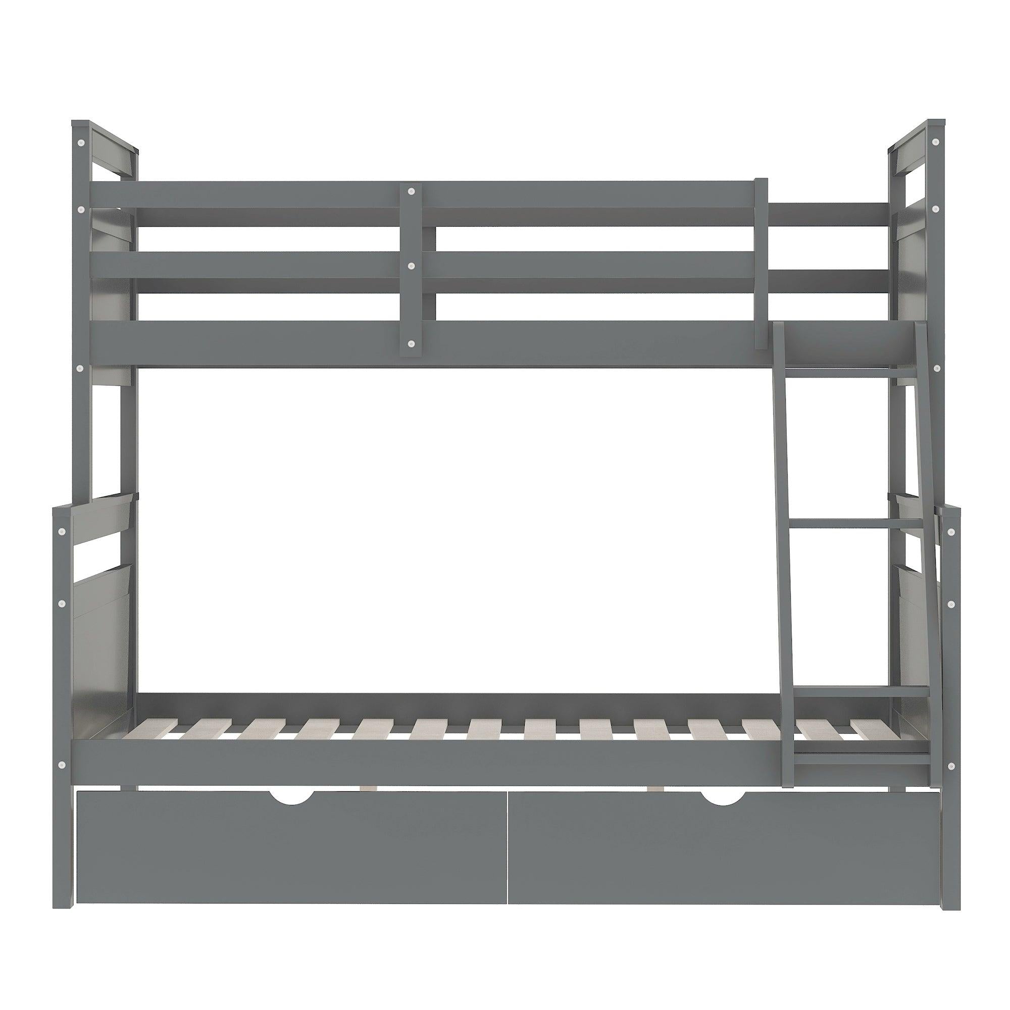 Twin over Full Bunk Bed with Ladder, TwoStorage Drawers and Safety Guardrail - Gray