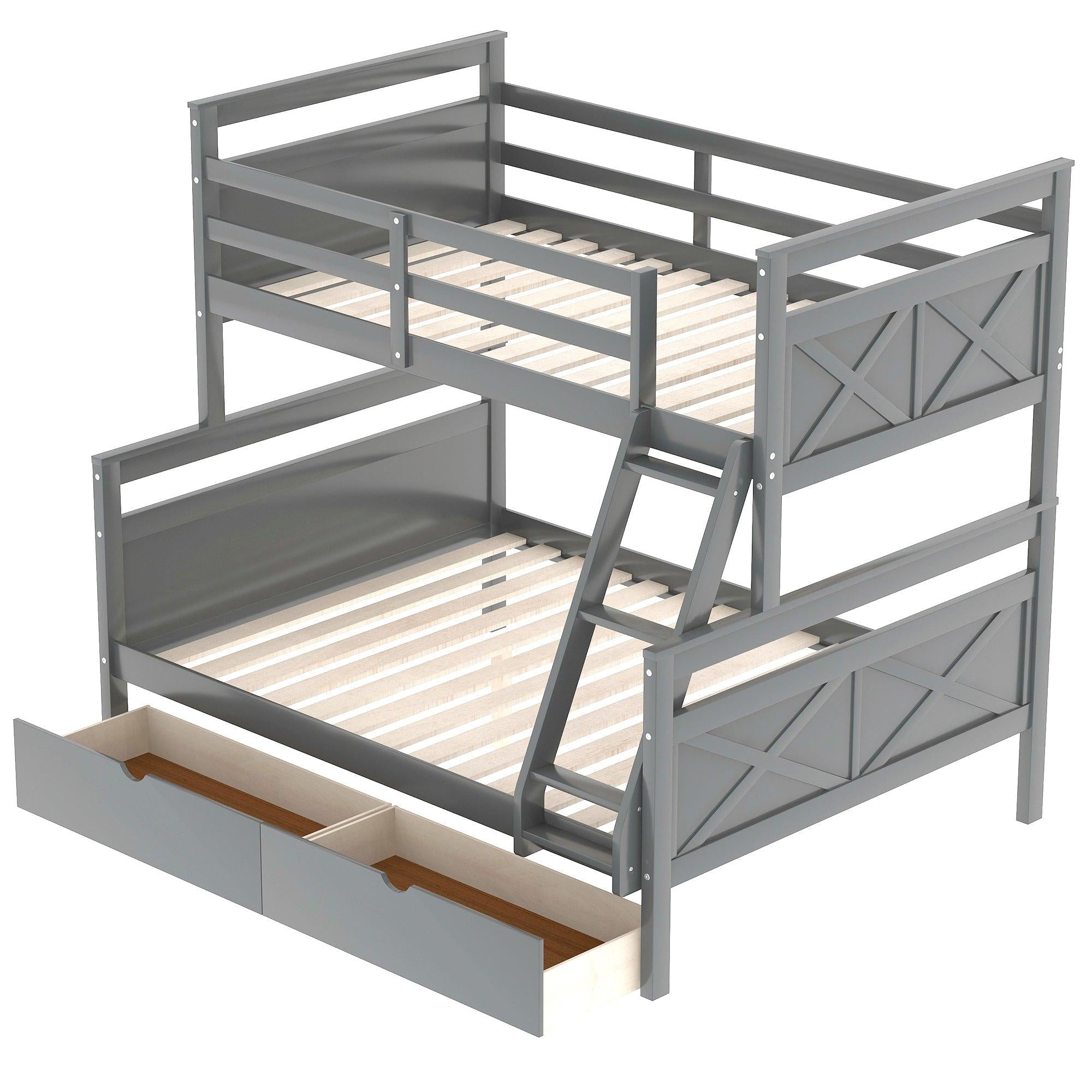 Twin over Full Bunk Bed with Ladder, TwoStorage Drawers and Safety Guardrail - Gray