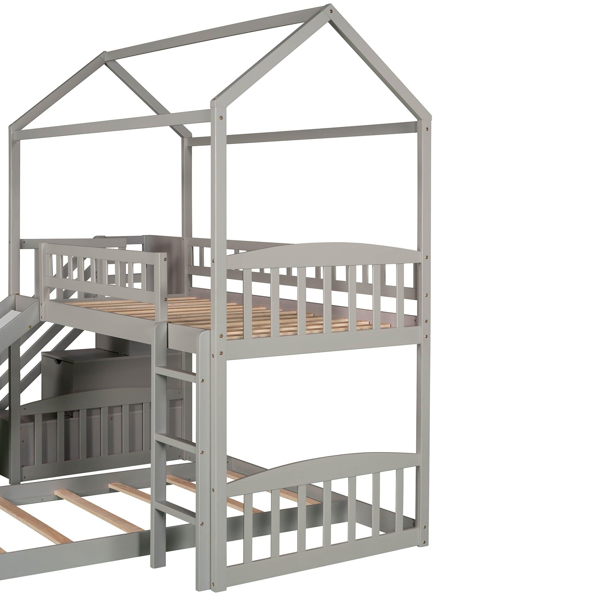 Twin Over Twin House Shaped Bunk Bed with Staircase Drawers and Slide - White